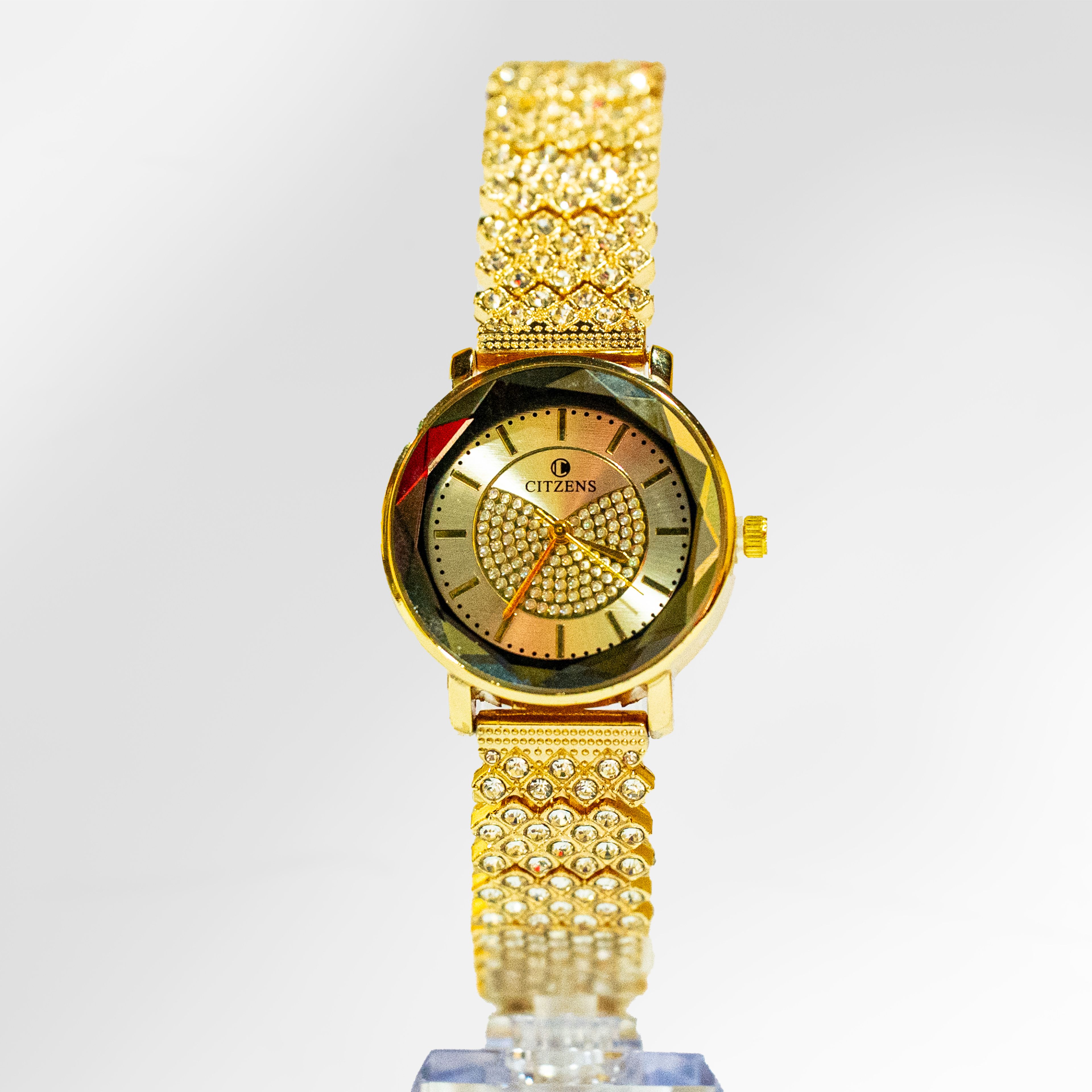 Citzens Gold Round Half-Pave Crystal Watch