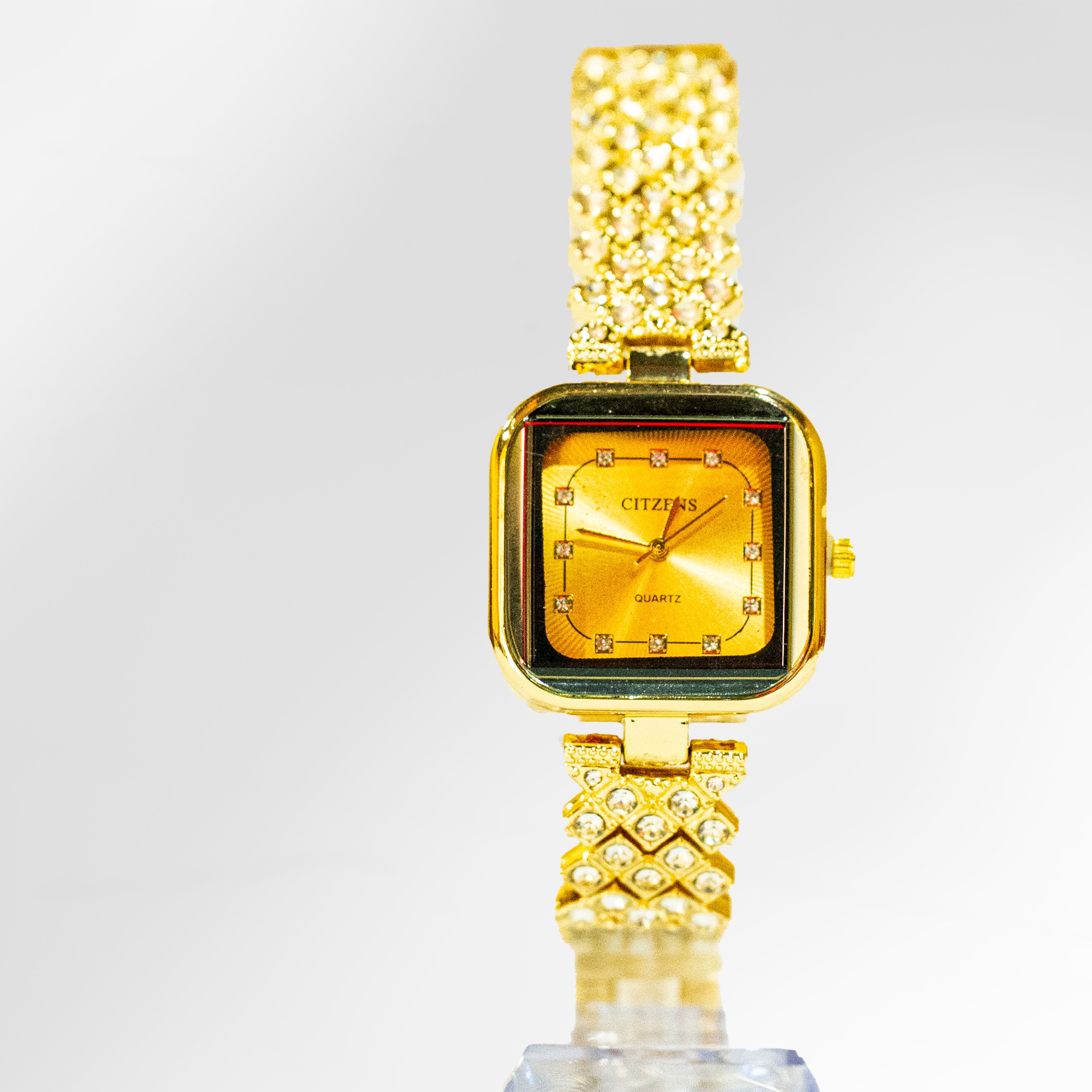 Citzens Gold Crystal Square Sunburst Quartz Watch