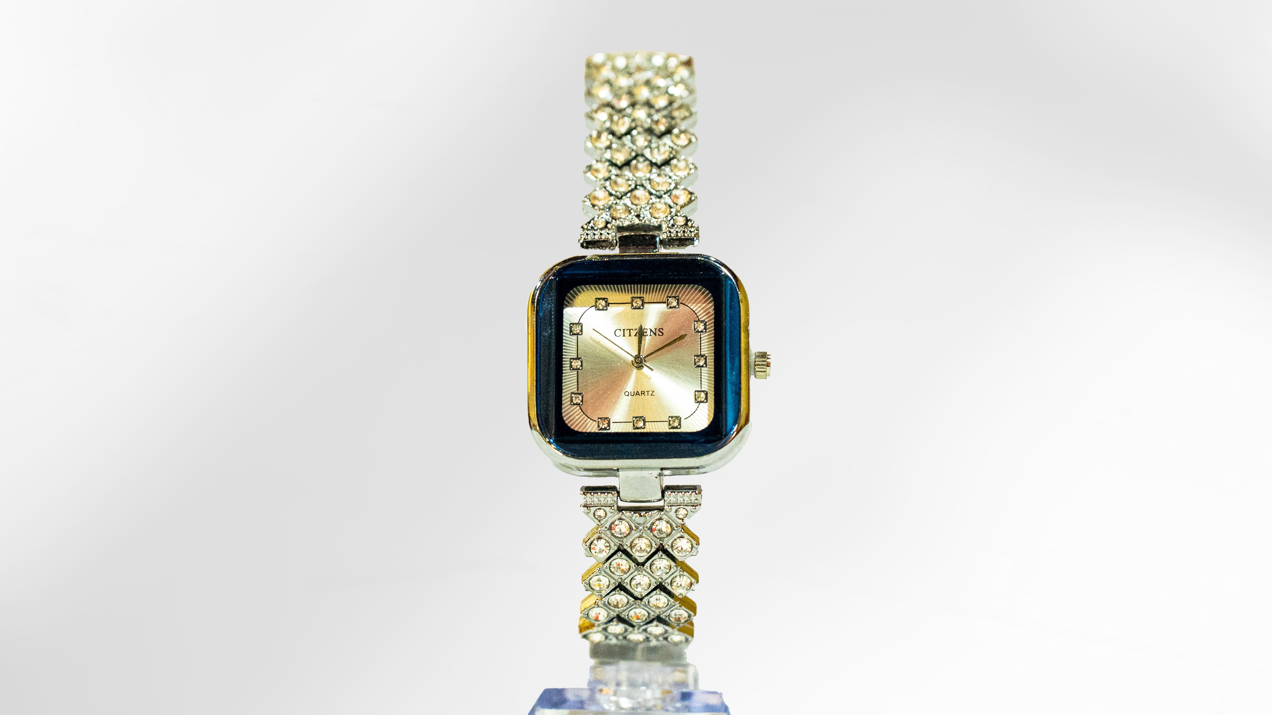Citzens Silver Crystal Square Champagne Quartz Watch