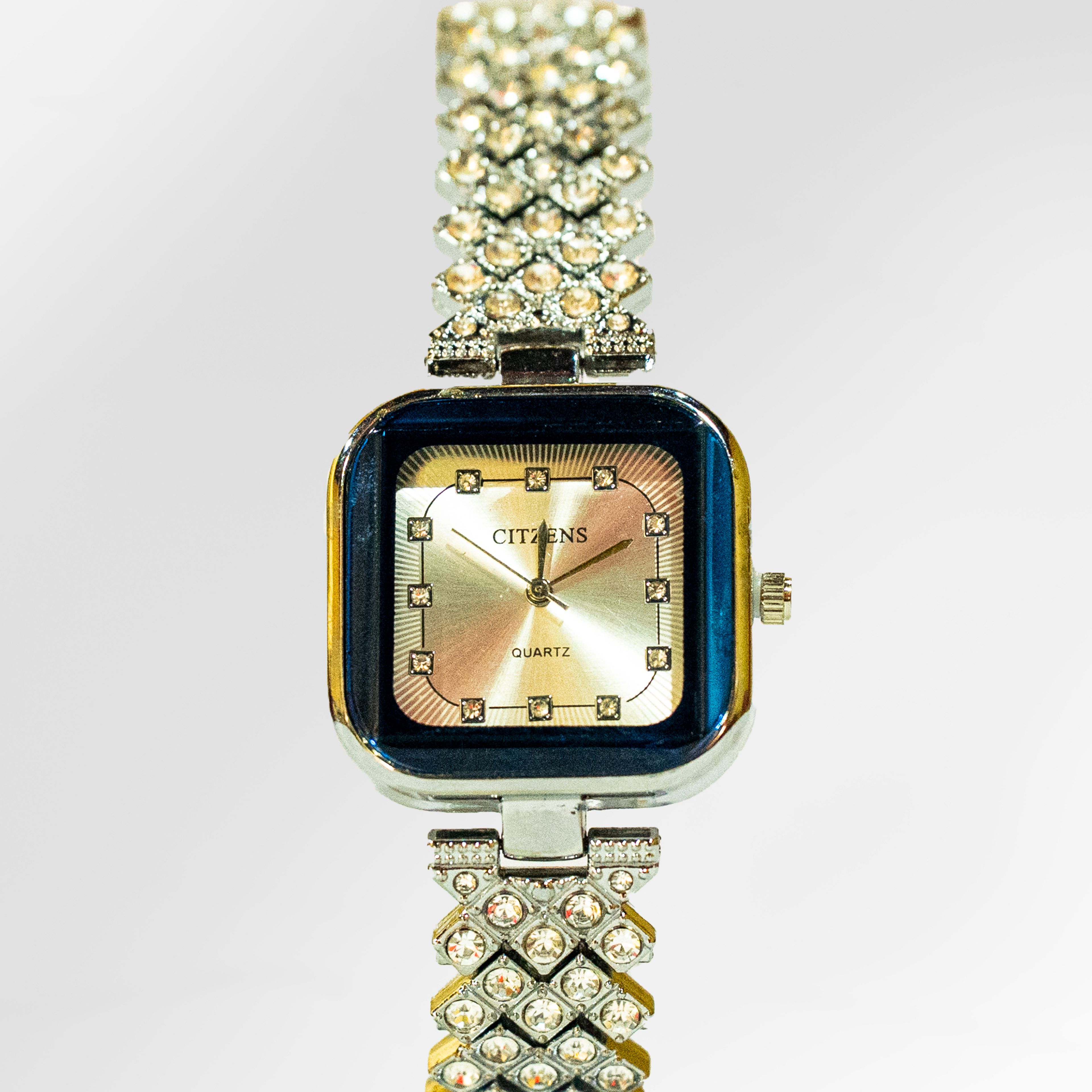 Citzens Silver Crystal Square Champagne Quartz Watch
