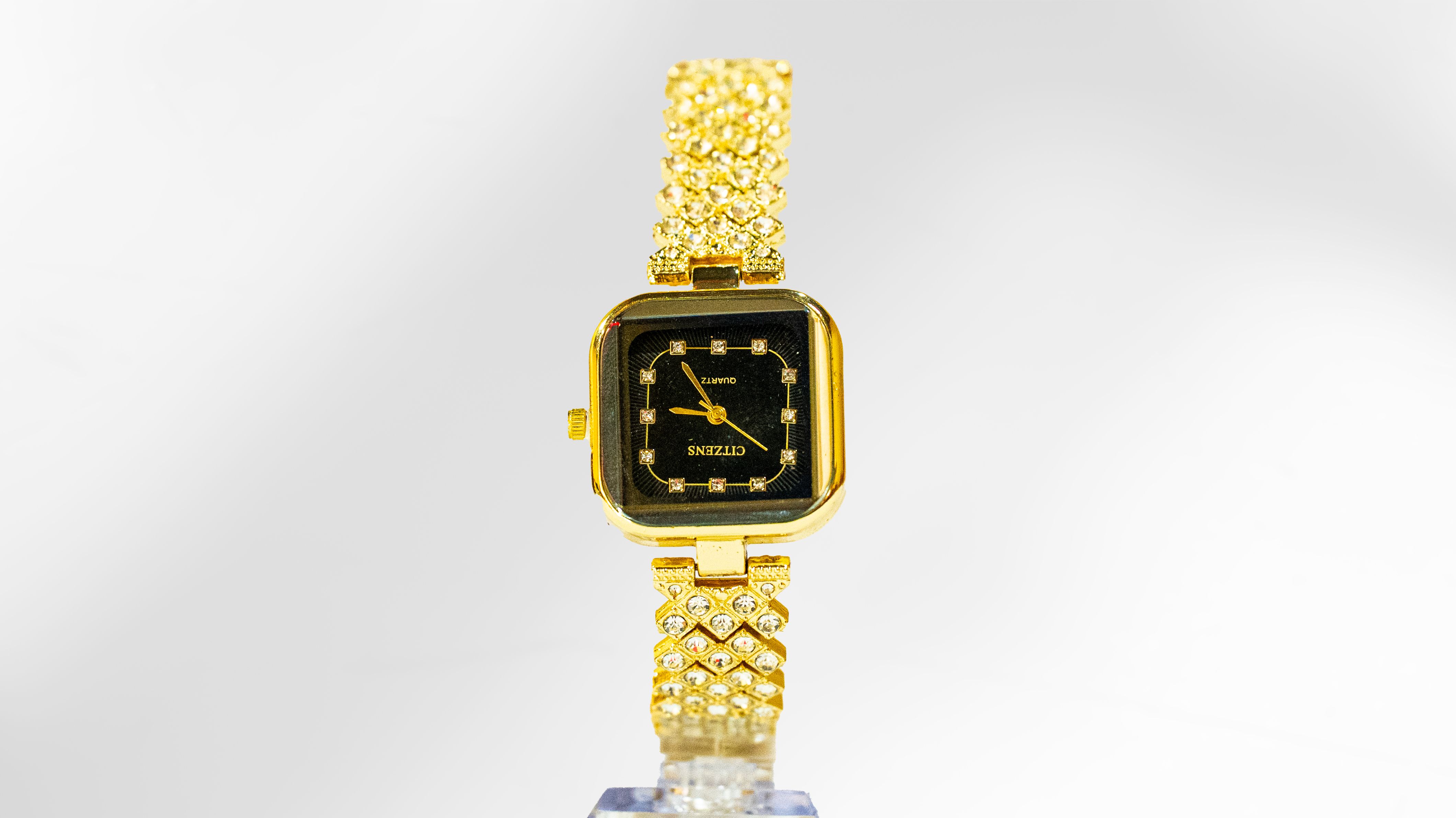 Citzens Gold Crystal Square Black Dial Quartz Watch