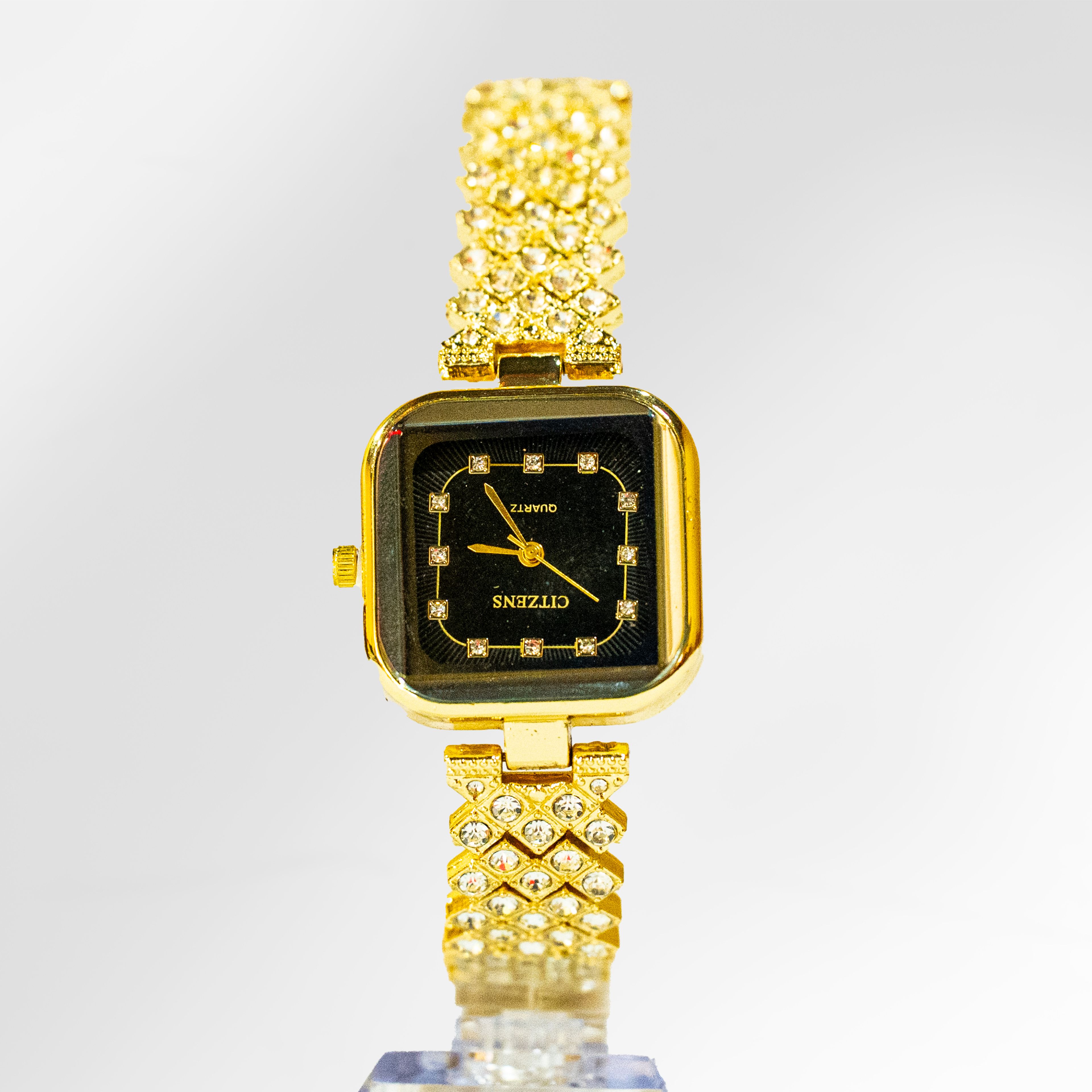Citzens Gold Crystal Square Black Dial Quartz Watch