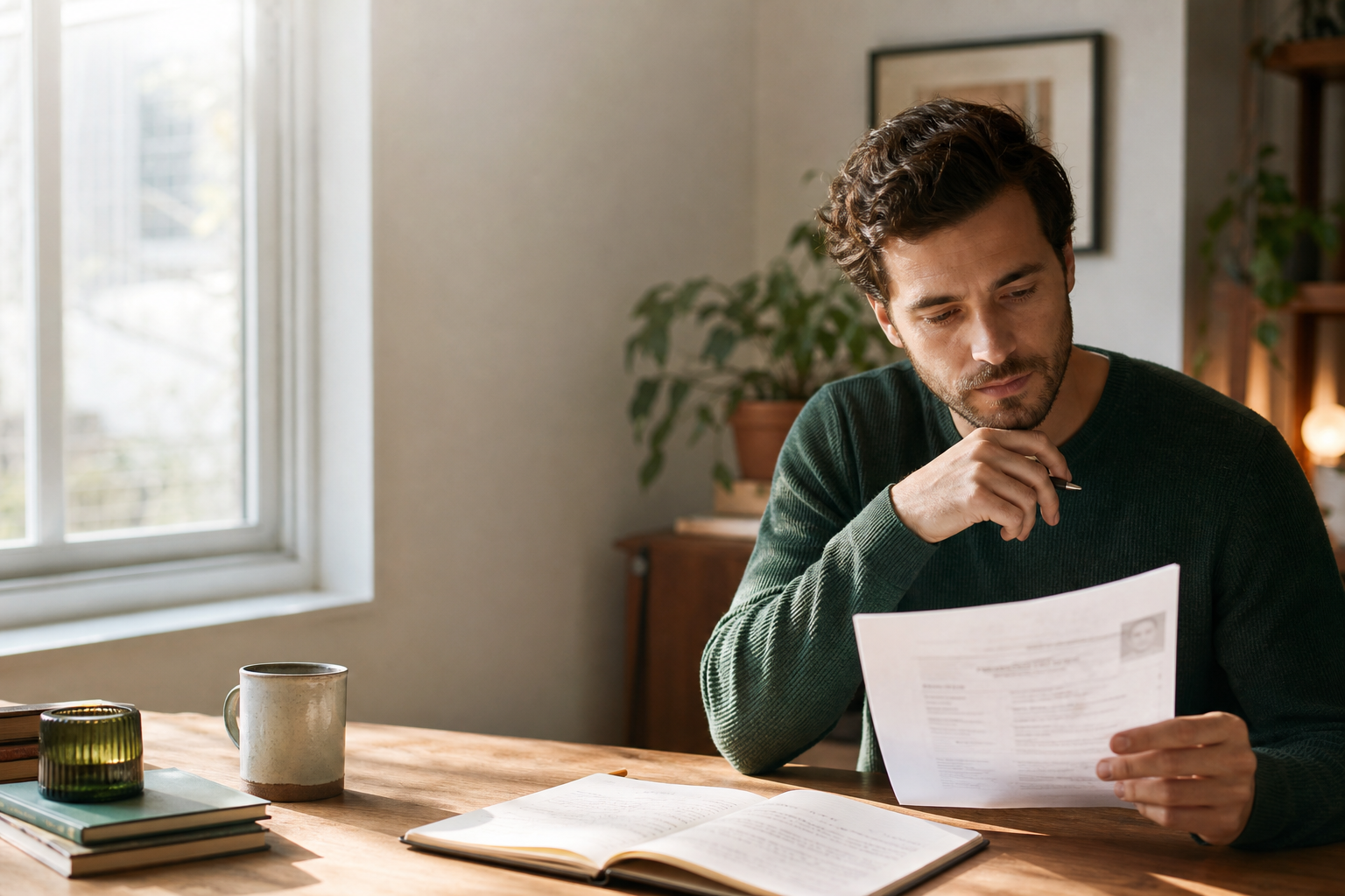 A person reviewing their career notes beside a sunlit window