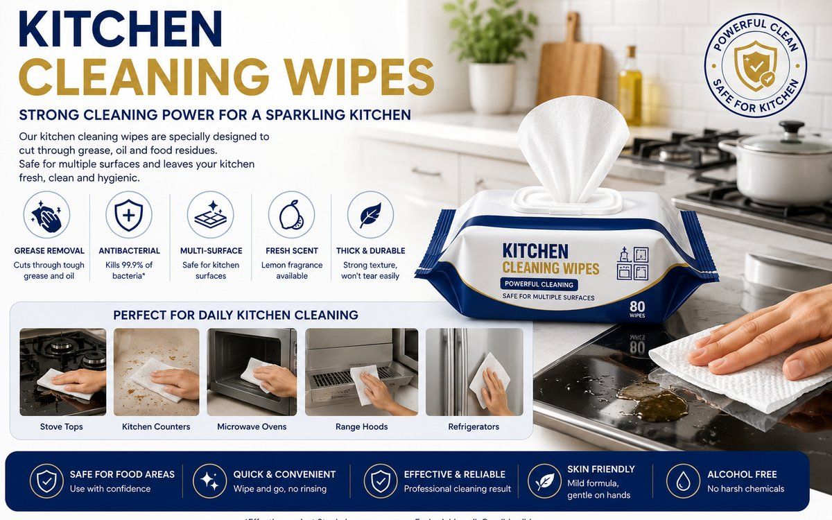 Kitchen cleaning wipes for household surfaces