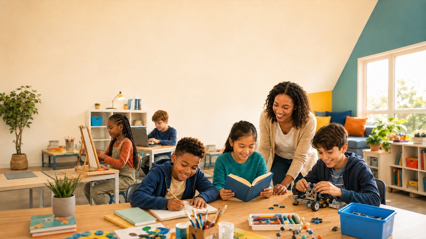 Children reading, building robots, and making art in an afterschool program