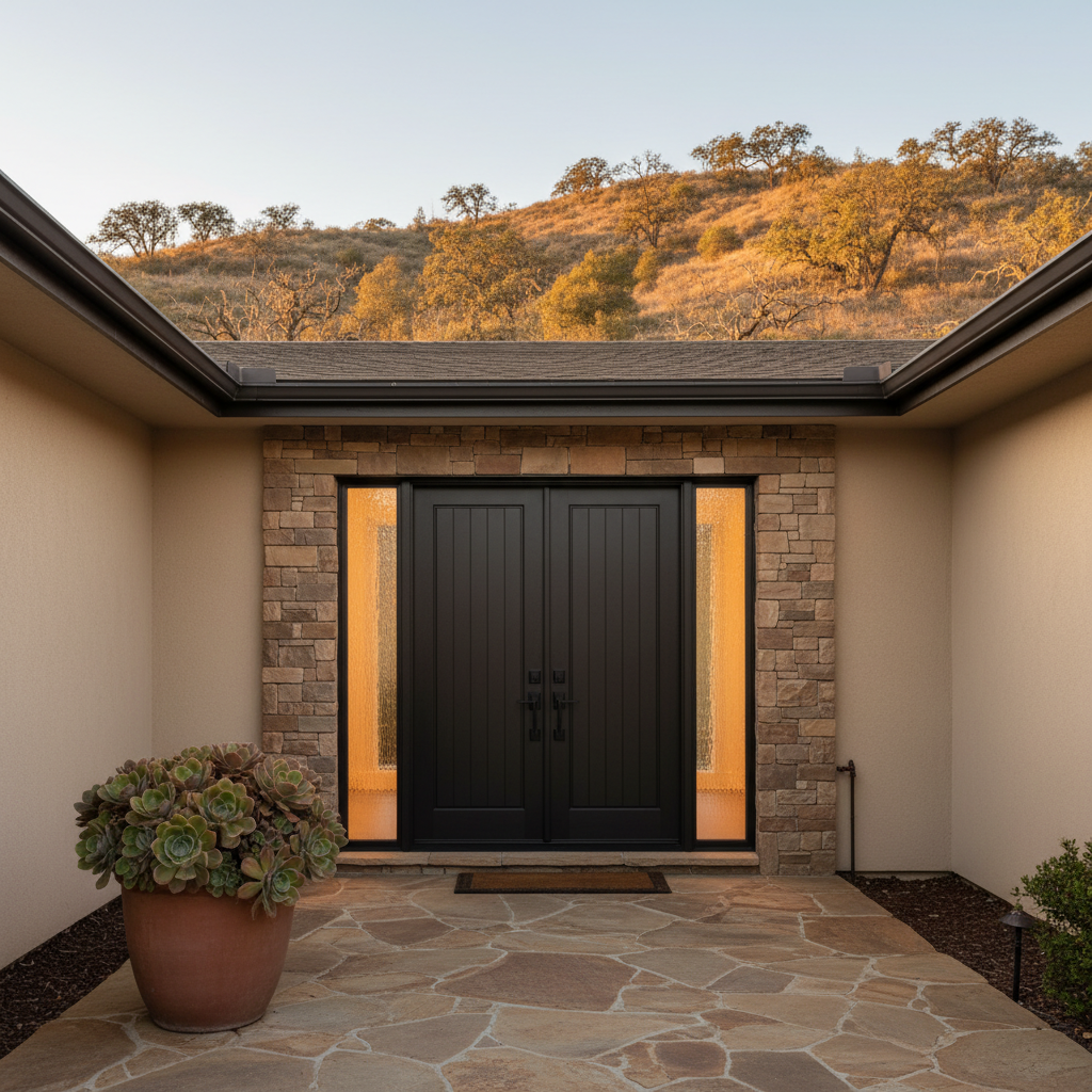 Wildfire-rated entry door on a Temecula foothill home with chaparral hillside behind