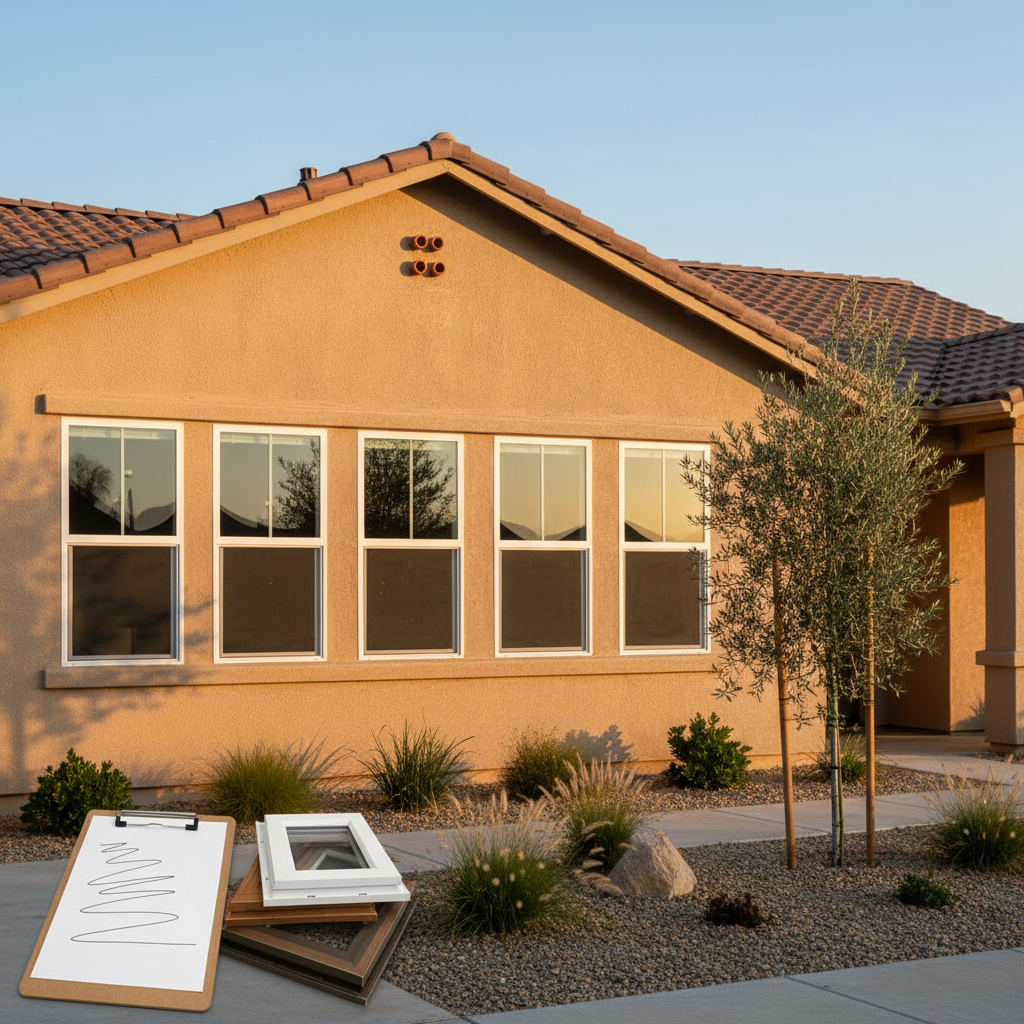 Murrieta ranch home with a full set of new dual-pane vinyl windows and a clipboard quote in the foreground