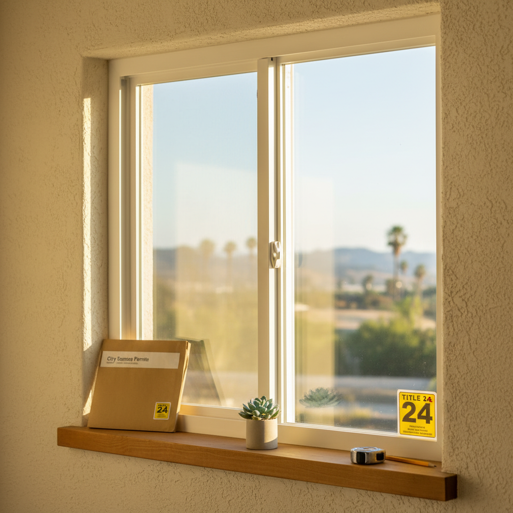Building permit paperwork on a window sill with a new window install visible behind the glass