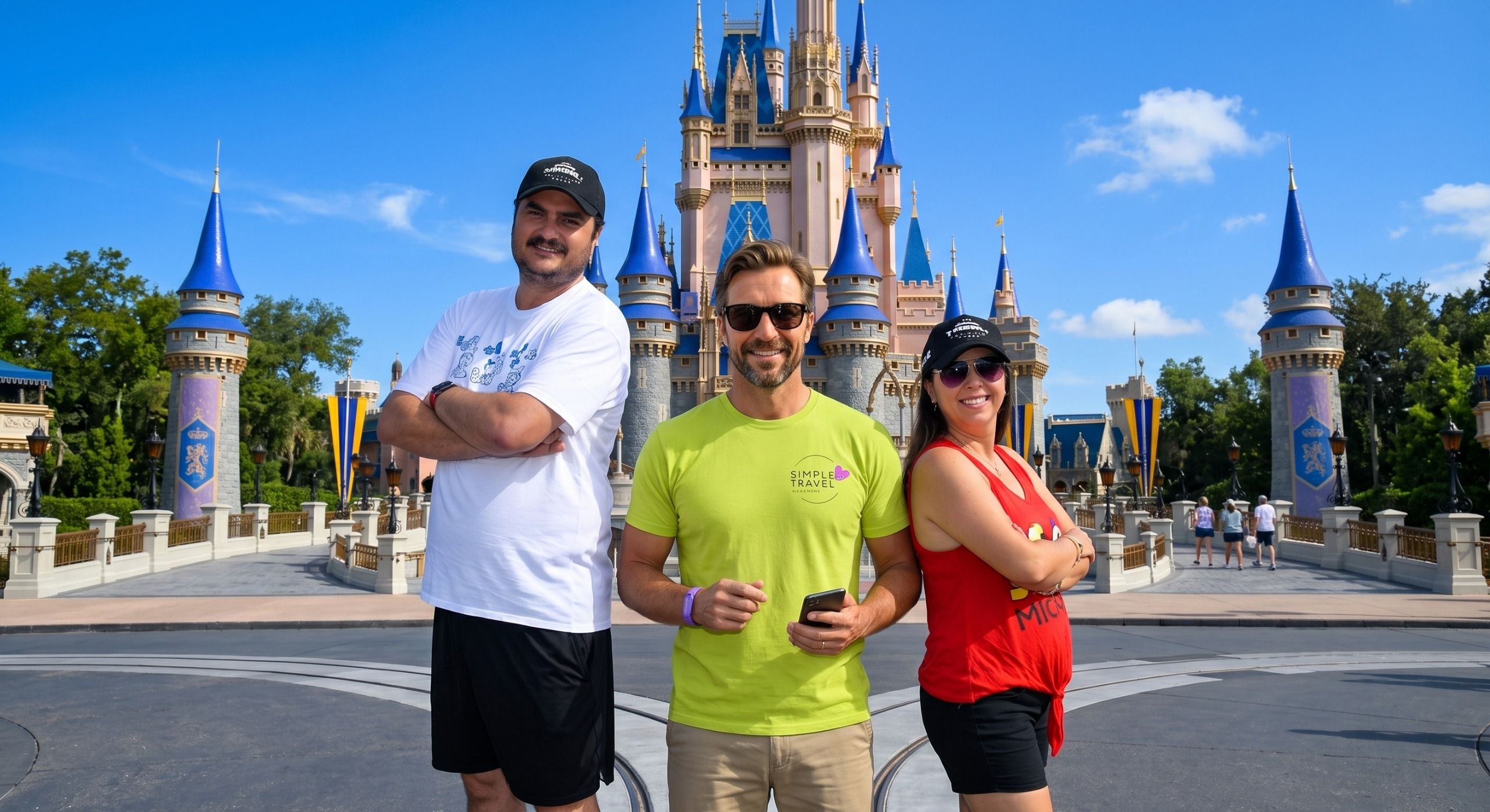 Guto, Simplício e Ligia no Magic Kingdom | Imagem gerada por IA