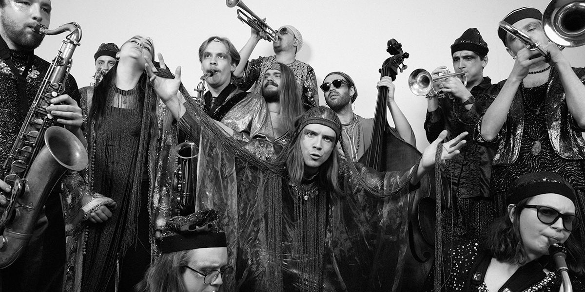 Black and white photo of Cosmic Swing Orchestra