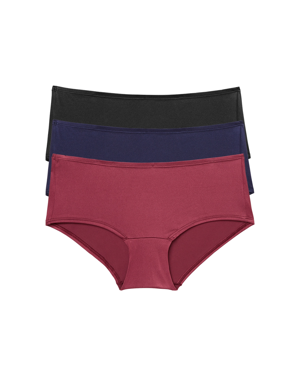 Tre mjuka hipster-trosor i svart, mörkblått och bordeaux, med en enkel och bekväm design.