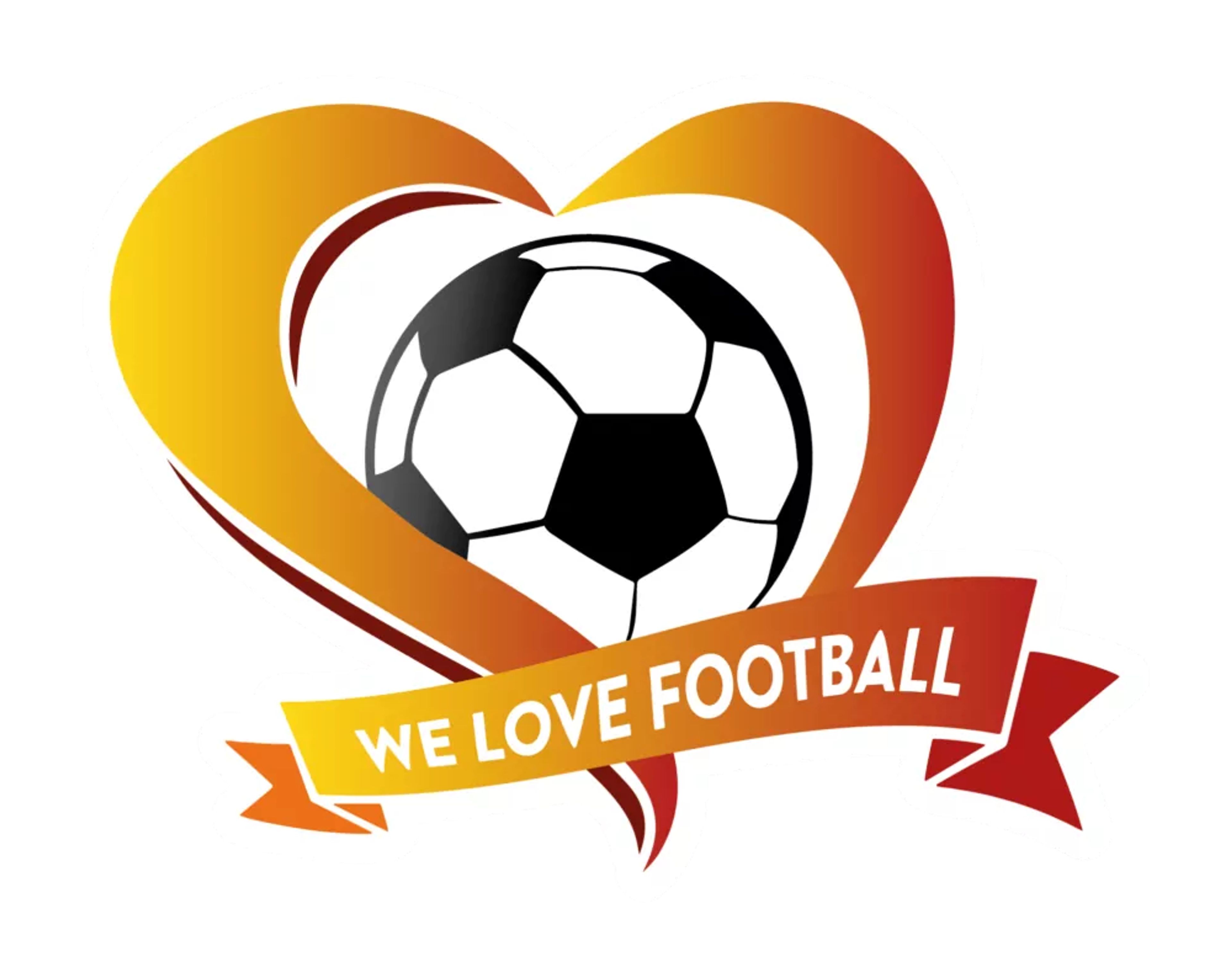 En fotboll inramad av ett hjärta i varma gula och röda toner, med en banderoll under där det står ”We Love Football”.