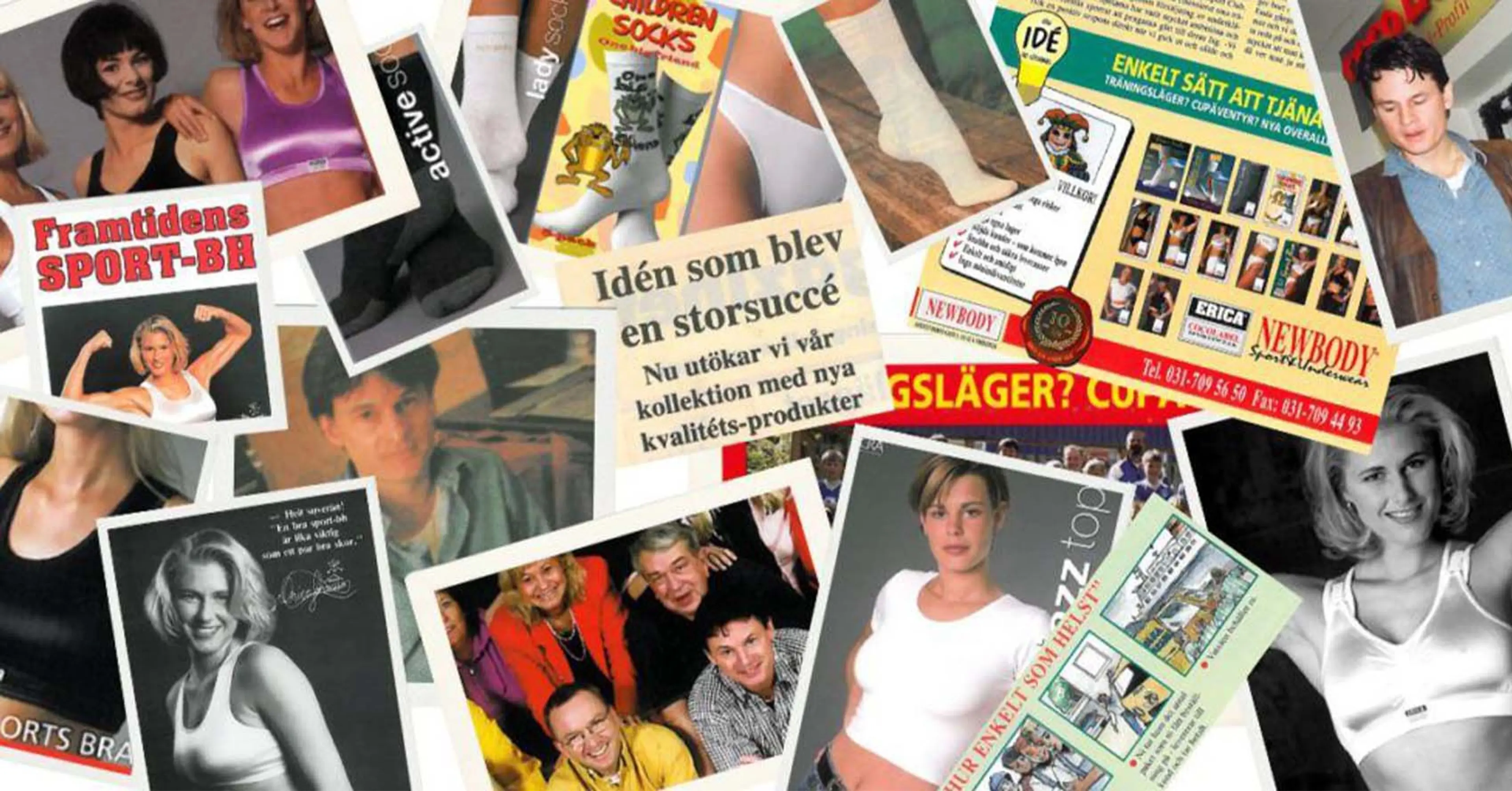 Ett kollage med bilder och tidningsurklipp som visar sport-bh:ar, strumpor och reklammaterial från olika år. Fotografier av personer i sportkläder och text om en idé som blev en framgång.