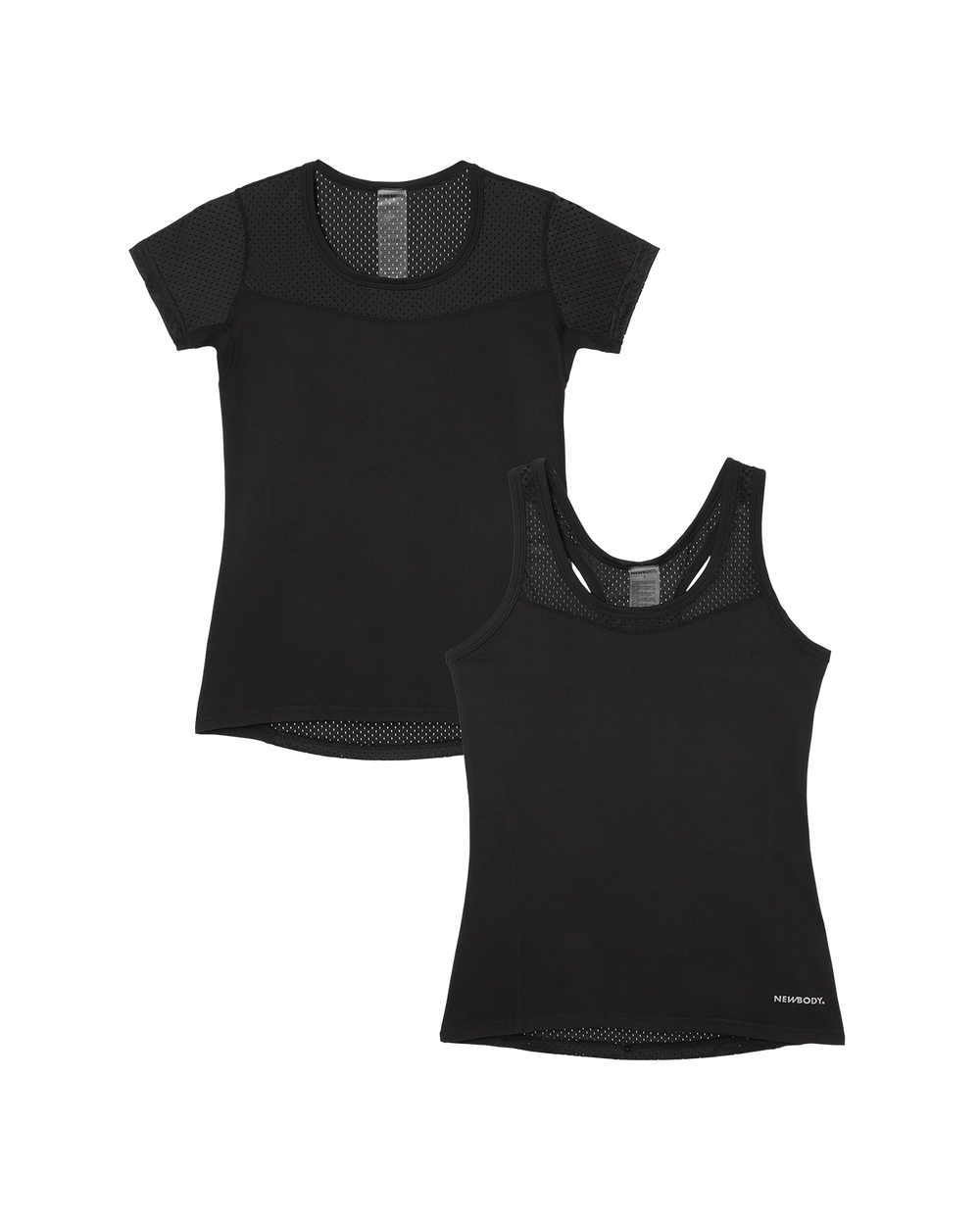 Två svarta sporttoppar i mjukt och ventilerande material, en med kort ärm och en utan ärm med racerback. Båda har meshtyger upptill för bättre andningsförmåga.