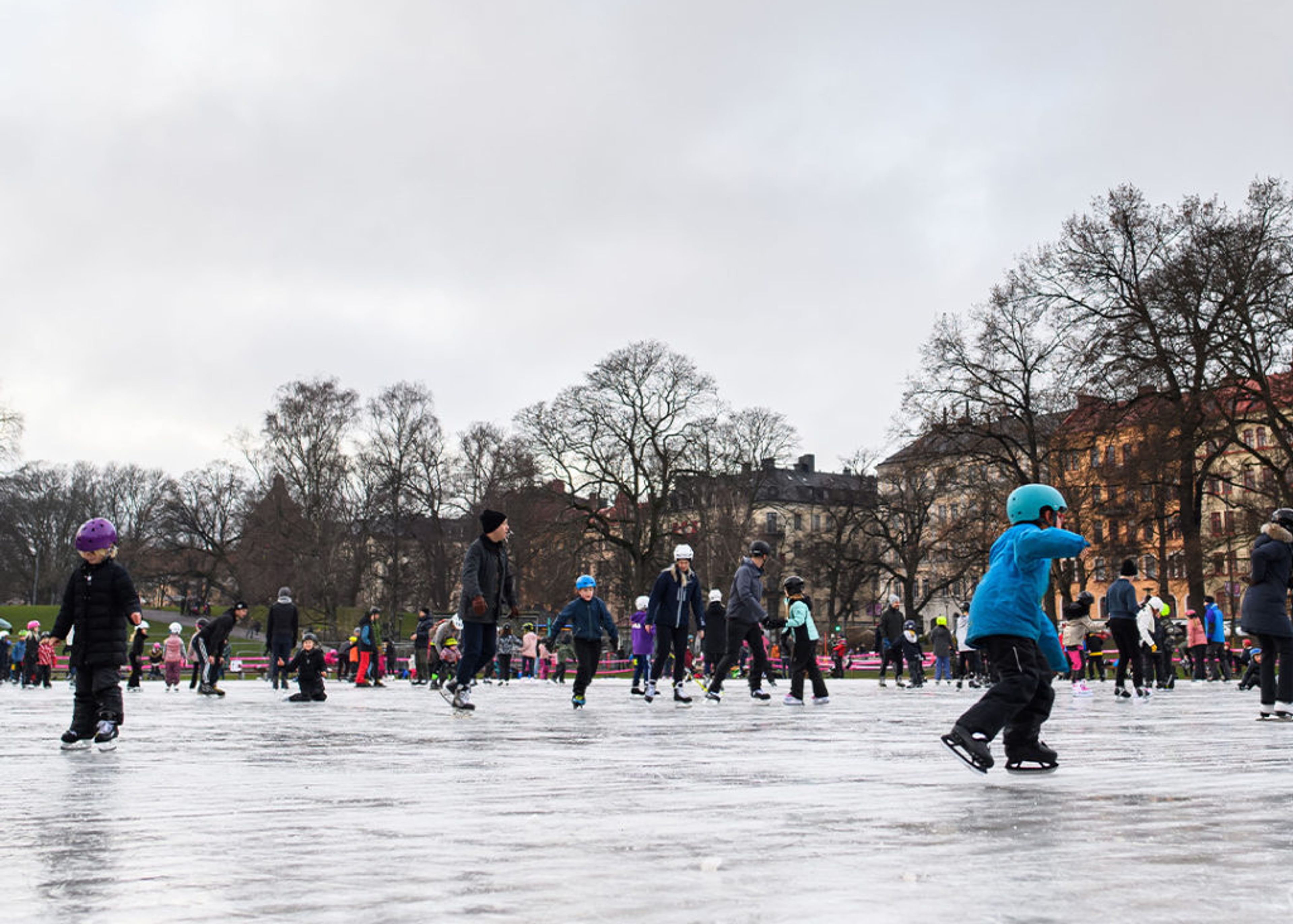 Barn och vuxna åker skridskor tillsammans på en utomhusbana omgiven av träd och gamla byggnader. Många bär hjälm och vinterkläder för skydd och värme.