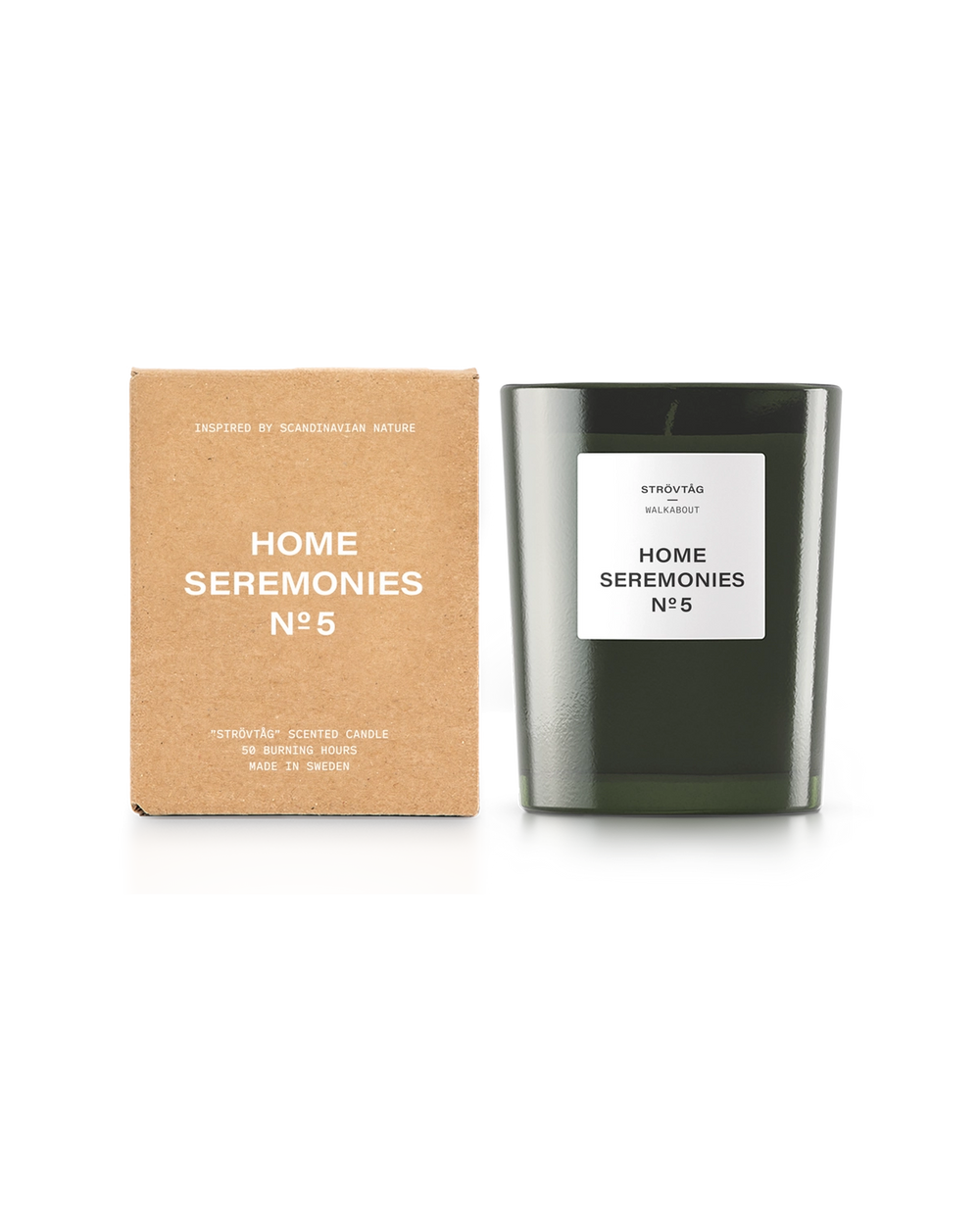 Ett doftljus i en mörkgrön glasbehållare med etikett och en enkel, brun förpackning med vit text. Doftljuset har en ren och stilren design inspirerad av naturen.