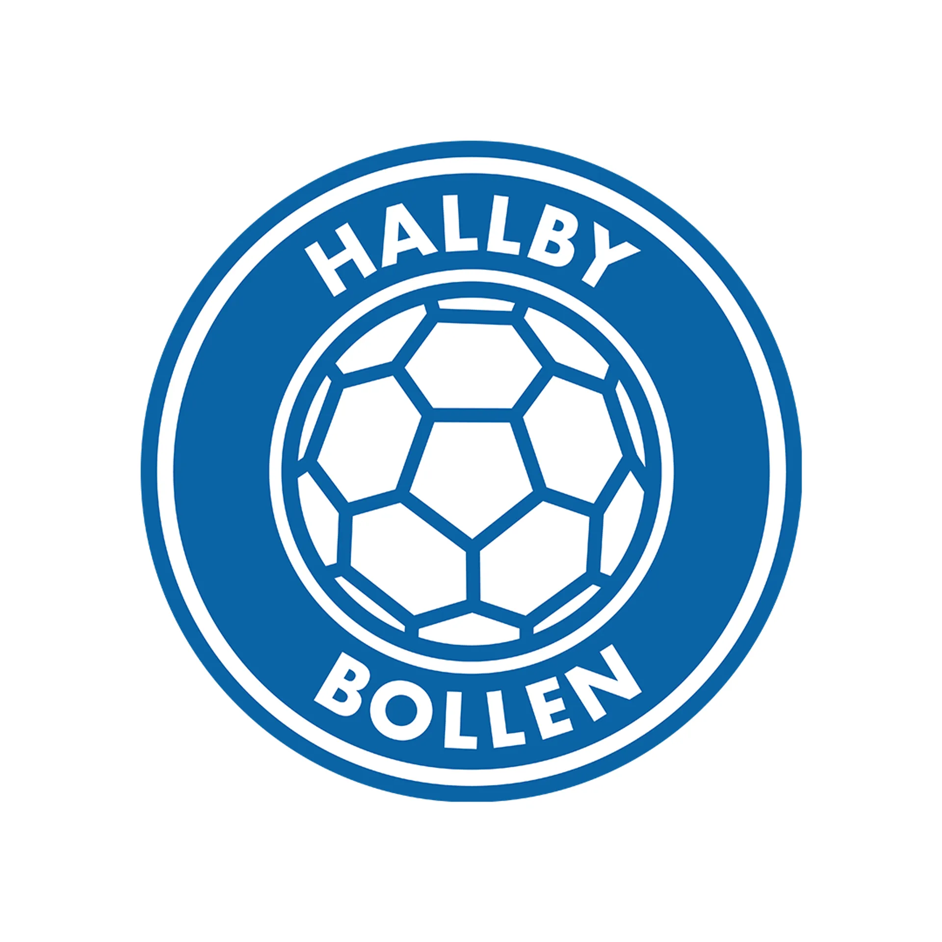 Cirkelformad blå och vit logotyp på Hallbybollen