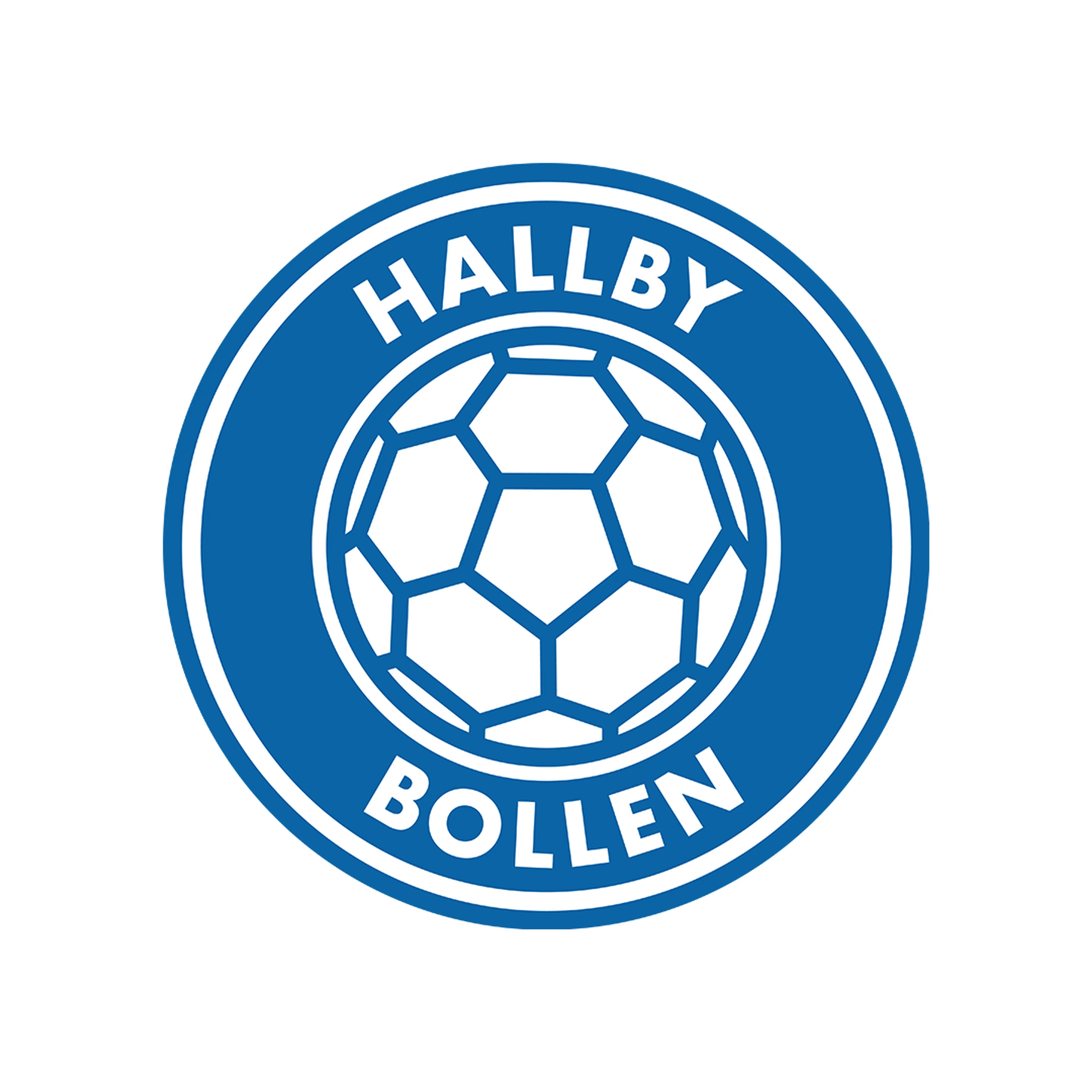 Cirkelformad blå och vit logotyp på Hallbybollen