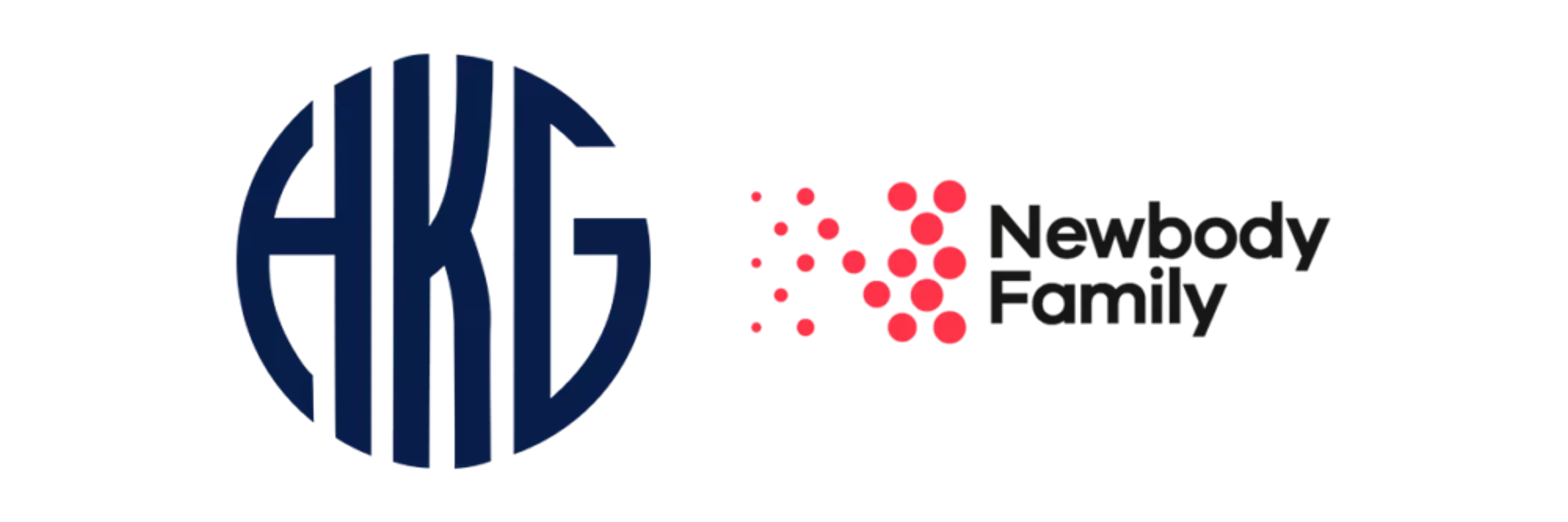 Två stilrena logotyper på svart bakgrund, en cirkulär i mörkblått och en prickig i rött bredvid texten "Newbody Family".