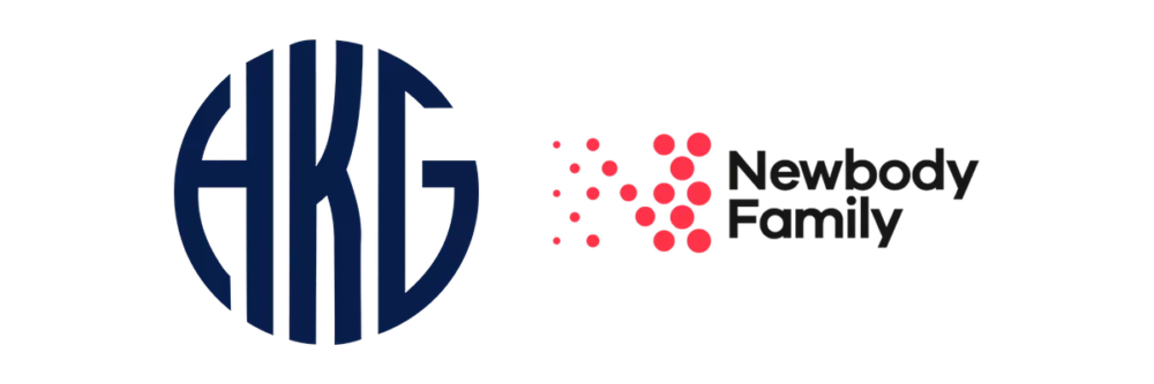 Två stilrena logotyper på svart bakgrund, en cirkulär i mörkblått och en prickig i rött bredvid texten "Newbody Family".