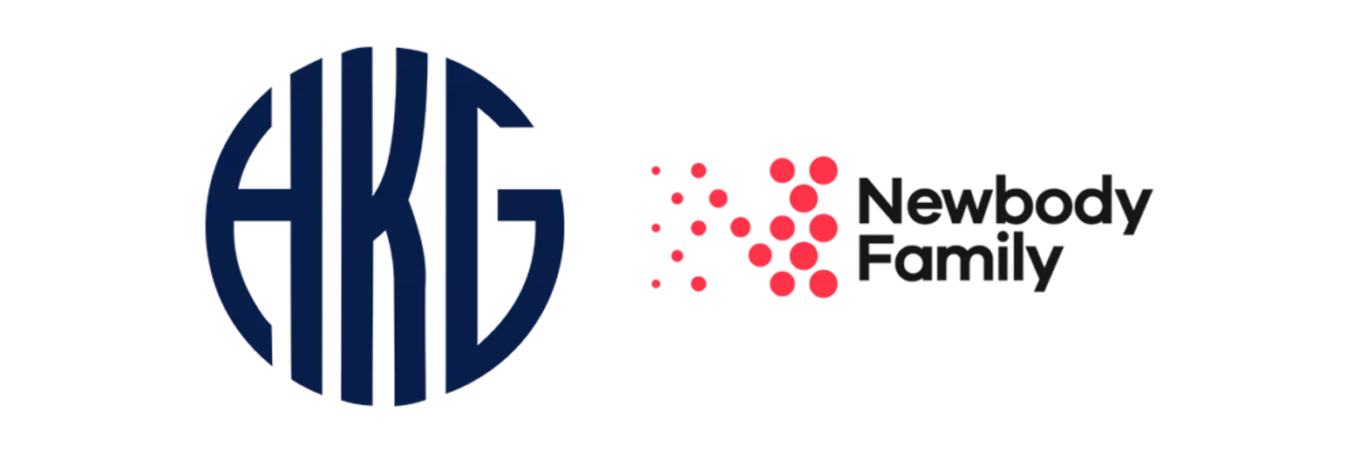 Två stilrena logotyper på svart bakgrund, en cirkulär i mörkblått och en prickig i rött bredvid texten "Newbody Family".