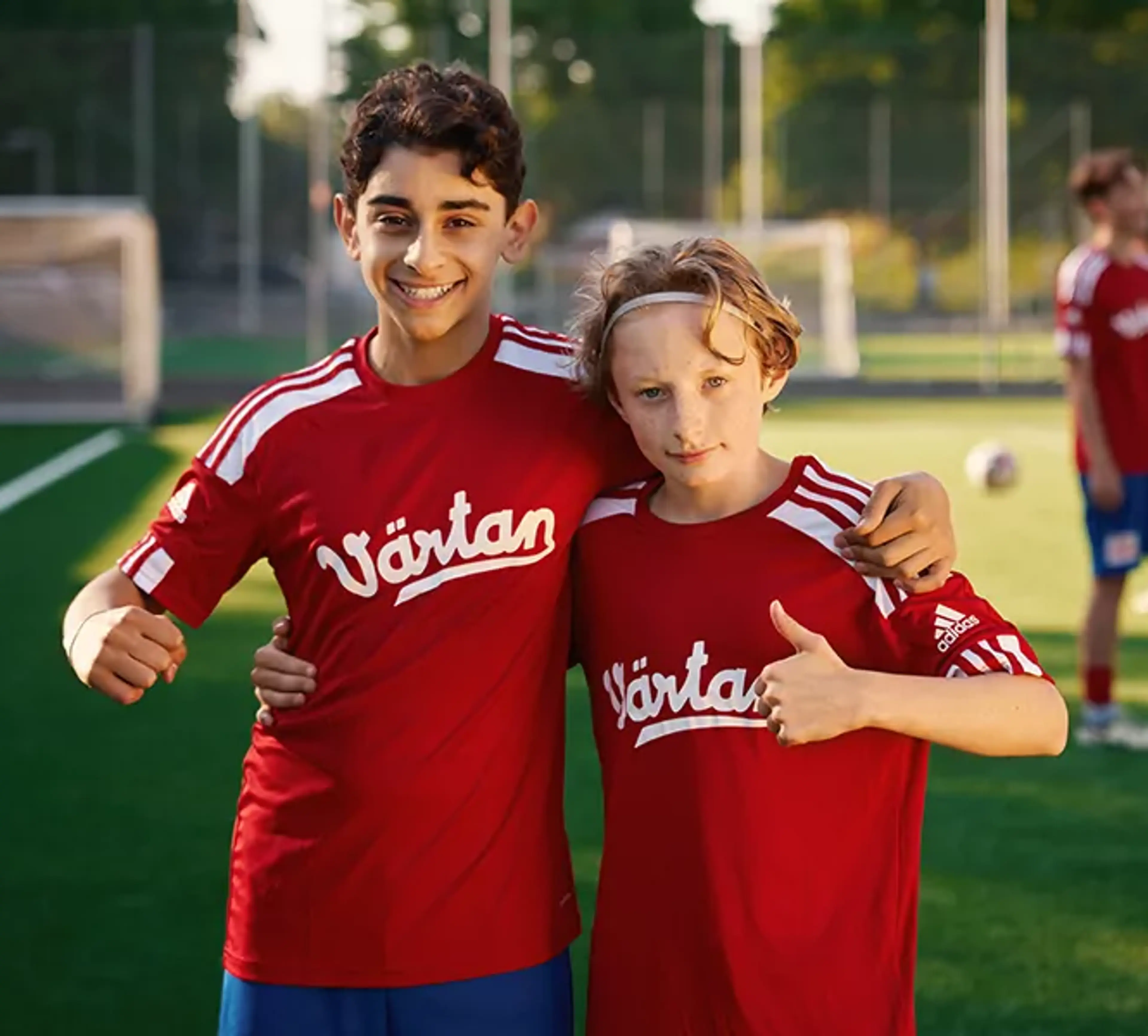 Två ungdomar i röda fotbollströjor med texten "Värtan" poserar tillsammans på en fotbollsplan i kvällsljus. I bakgrunden står fler lagkamrater i matchkläder.