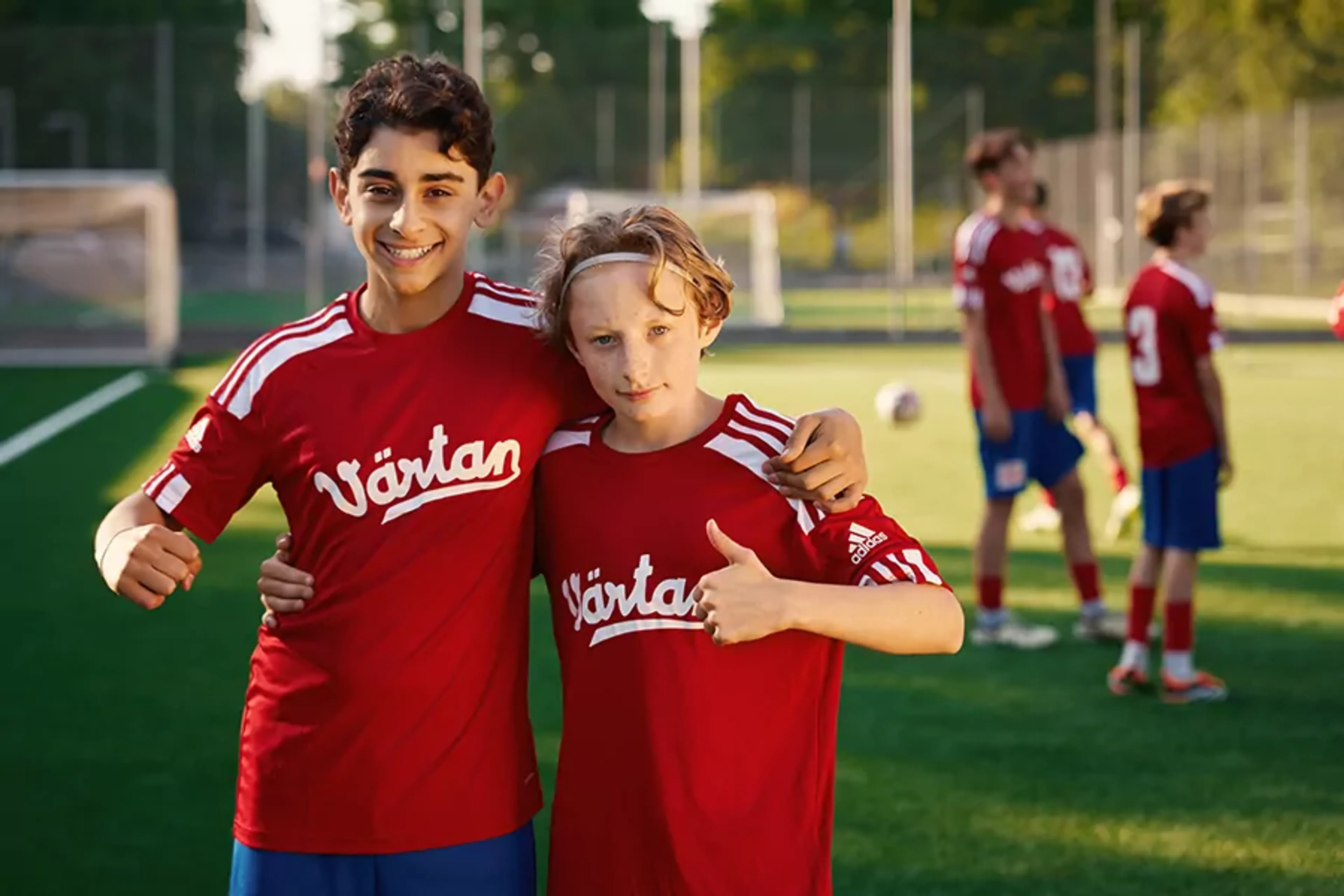 Två ungdomar i röda fotbollströjor med texten "Värtan" poserar tillsammans på en fotbollsplan i kvällsljus. I bakgrunden står fler lagkamrater i matchkläder.