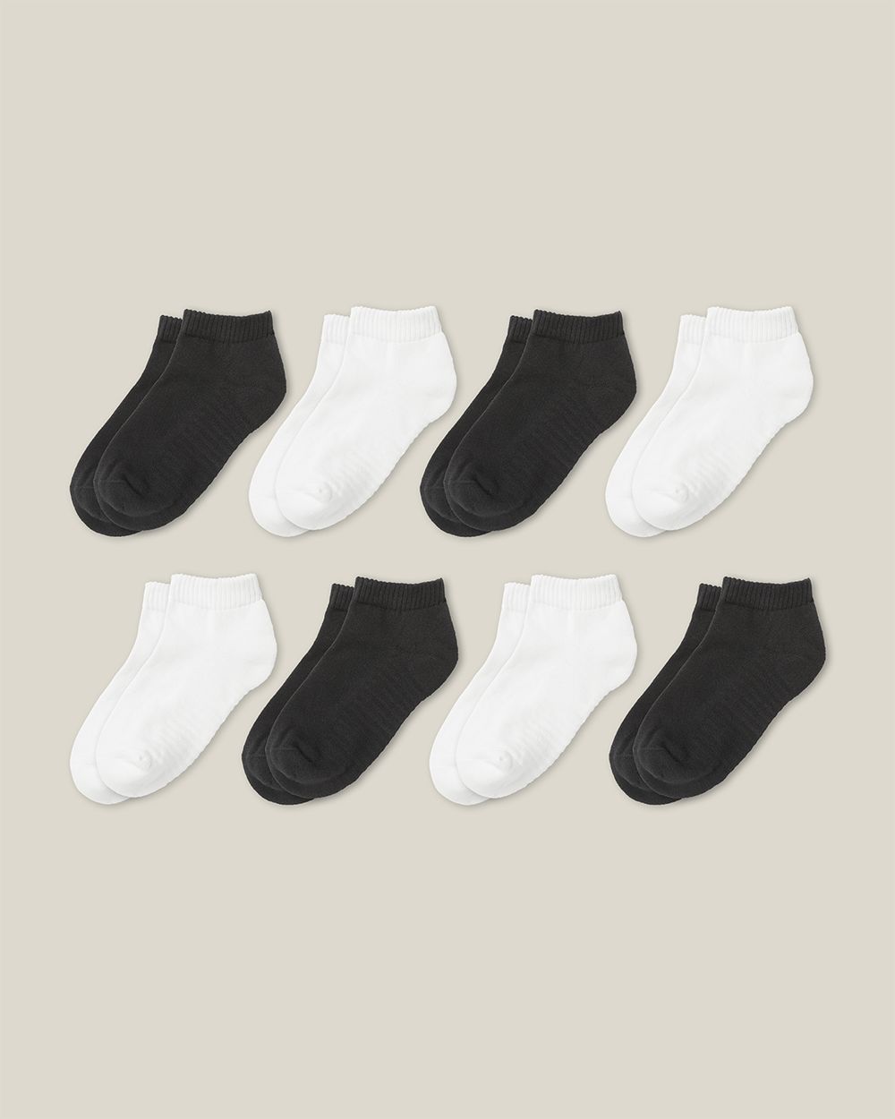 8-pack slittåliga sport ankle socks, svarta och vita med ribbstickning