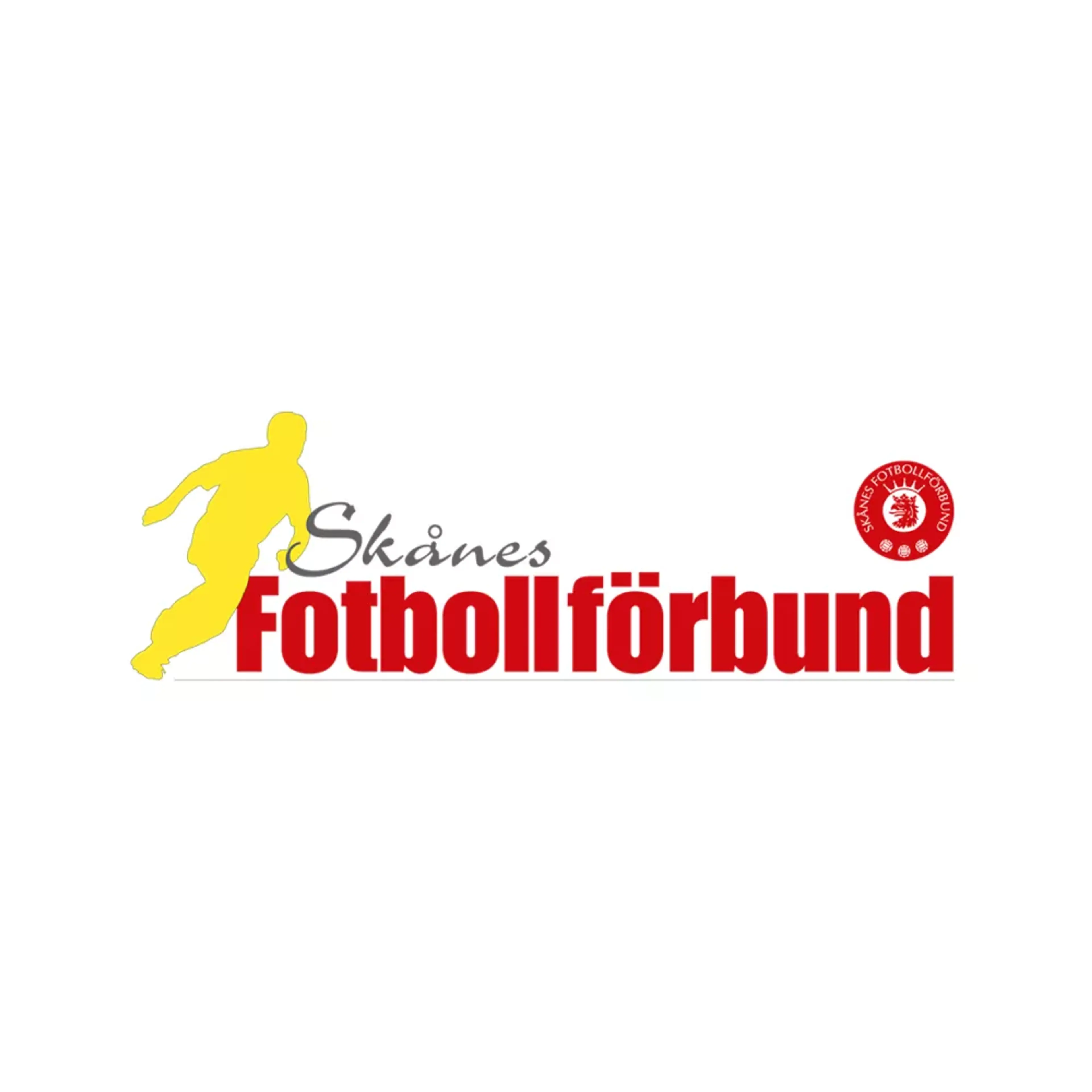 Logotyp med en gul silhuett av en fotbollsspelare och texten ”Skånes Fotbollförbund” i rött och svart, med en röd emblemstämpel till höger.