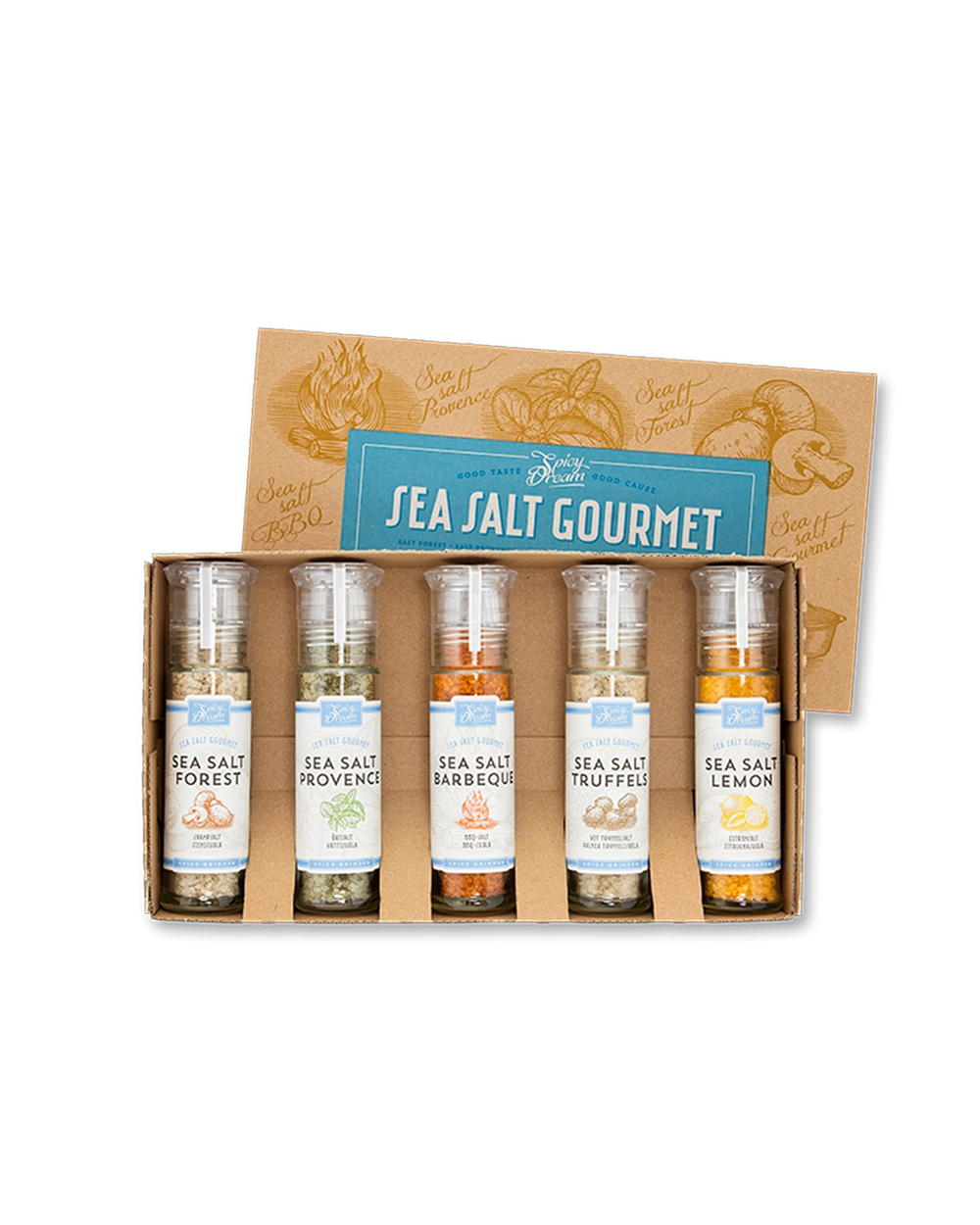 Fem glasburkar med olika smaksatta havssalter i en kartong, varje burk har en plastkvarn på toppen och etiketter med smaknamn och illustrationer. Kartongen är brun med tecknade motiv av kryddor och texten "Sea Salt Gourmet"