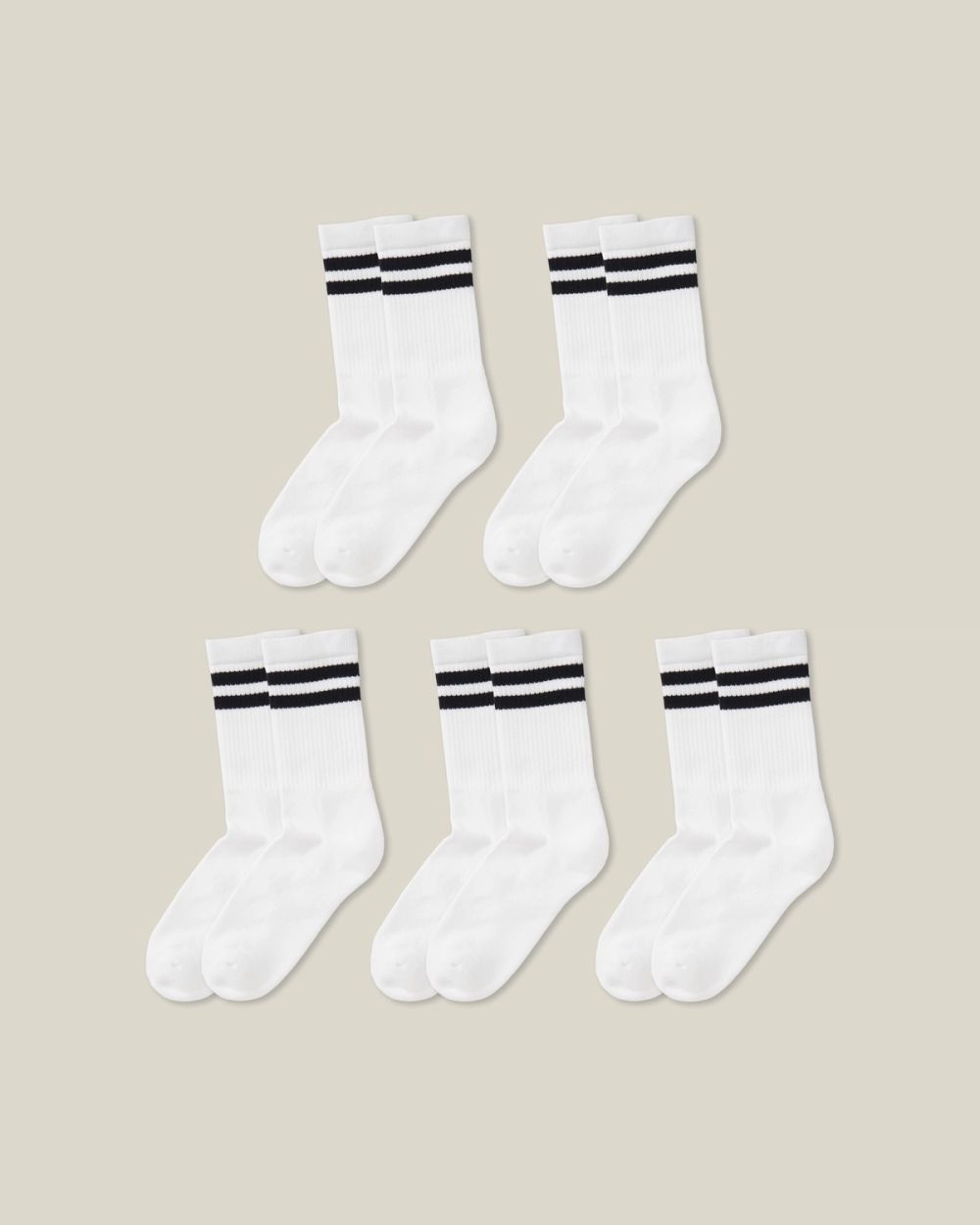 5-pack vita sportstrumpor i retrostil med dubbla svarta ränder
