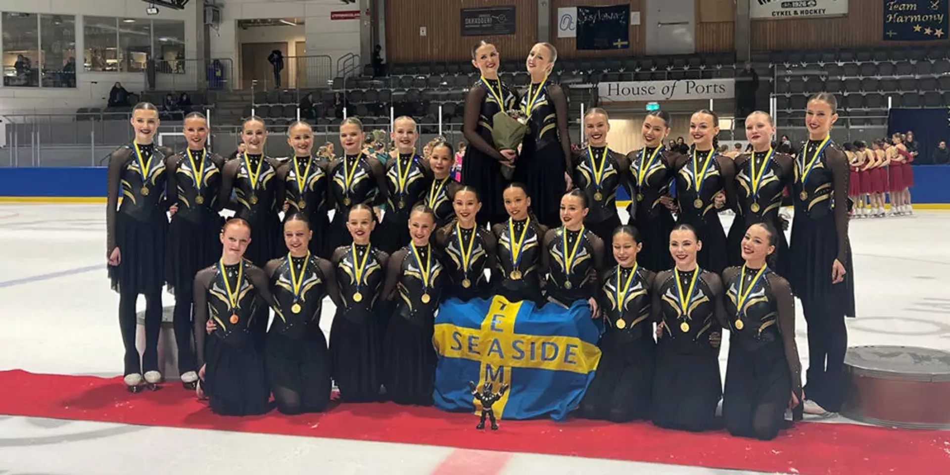 Ett konståkningslag i matchande svarta dräkter står samlade på isen med medaljer runt halsen och håller upp en blågul flagga med texten "Team Seaside". De poserar stolt på en röd matta i en ishall.