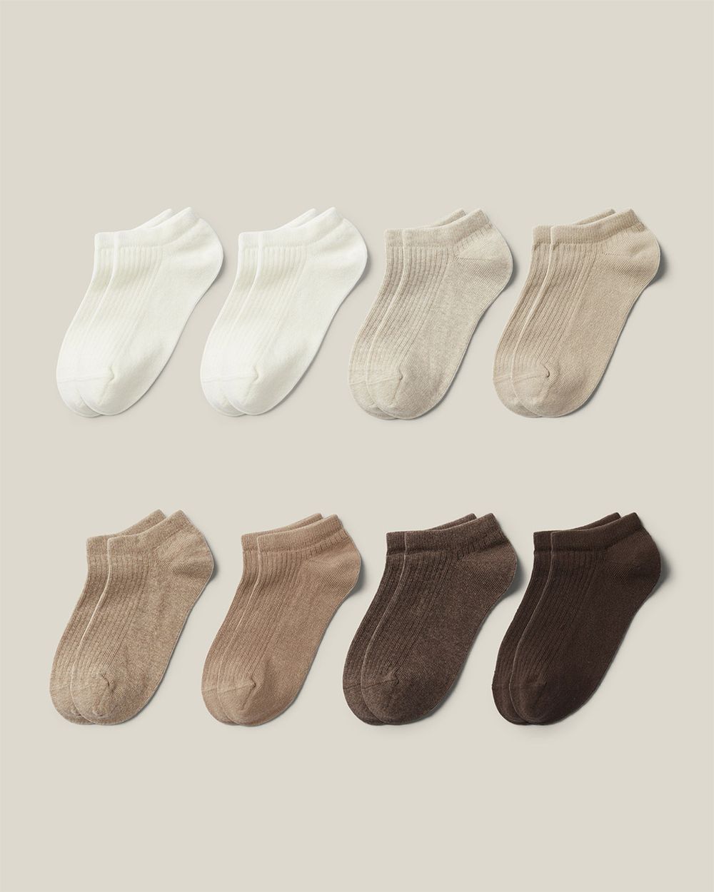 8-pack ankelsockar i ekologisk bomull och ribbat material.