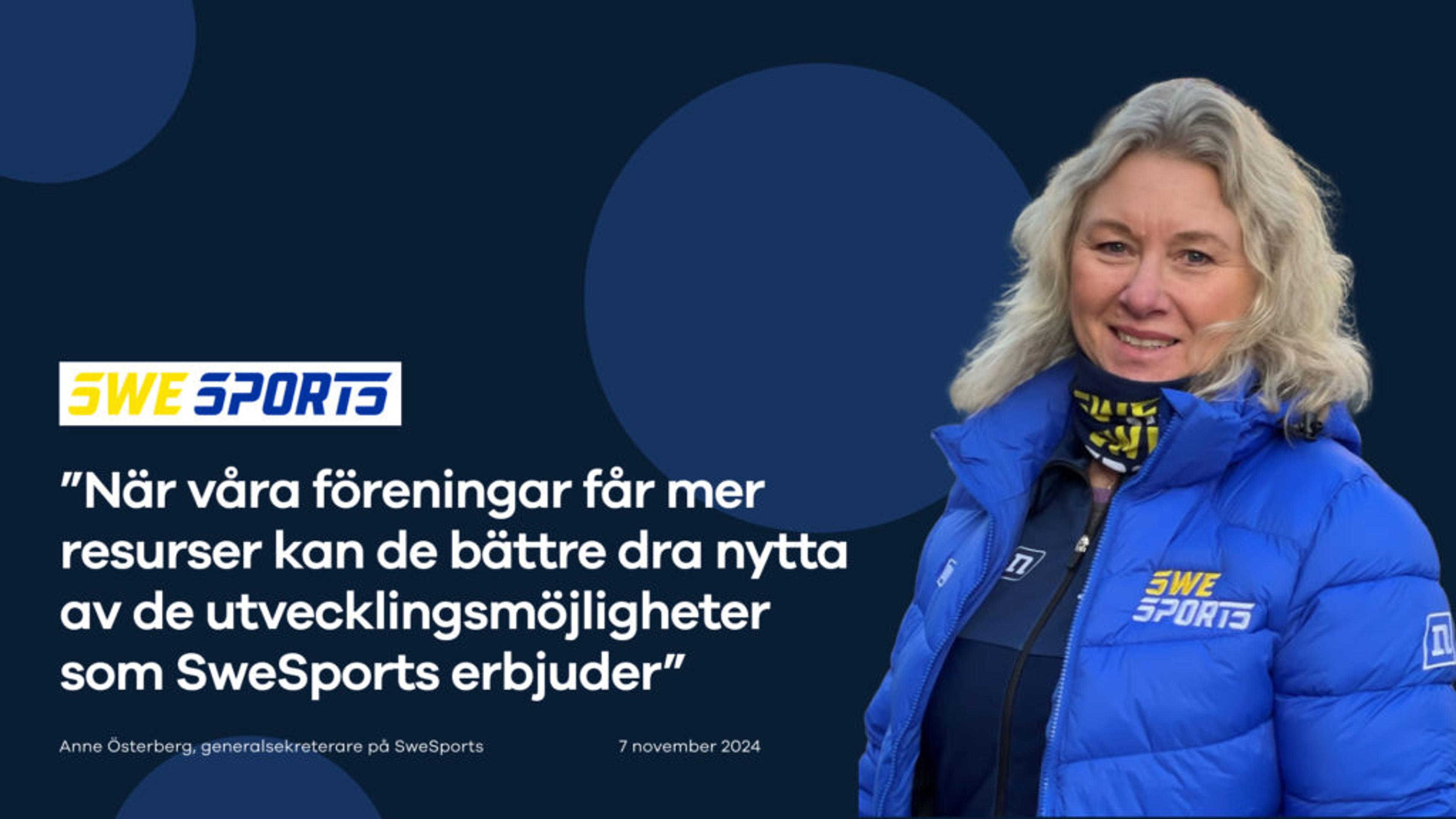 Kvinna i blå jacka med texten “SweSports” står framför en mörkblå bakgrund med citatet om föreningars utvecklingsmöjligheter genom SweSports. Texten inkluderar även namn och titel: Anne Österberg, generalsekreterare