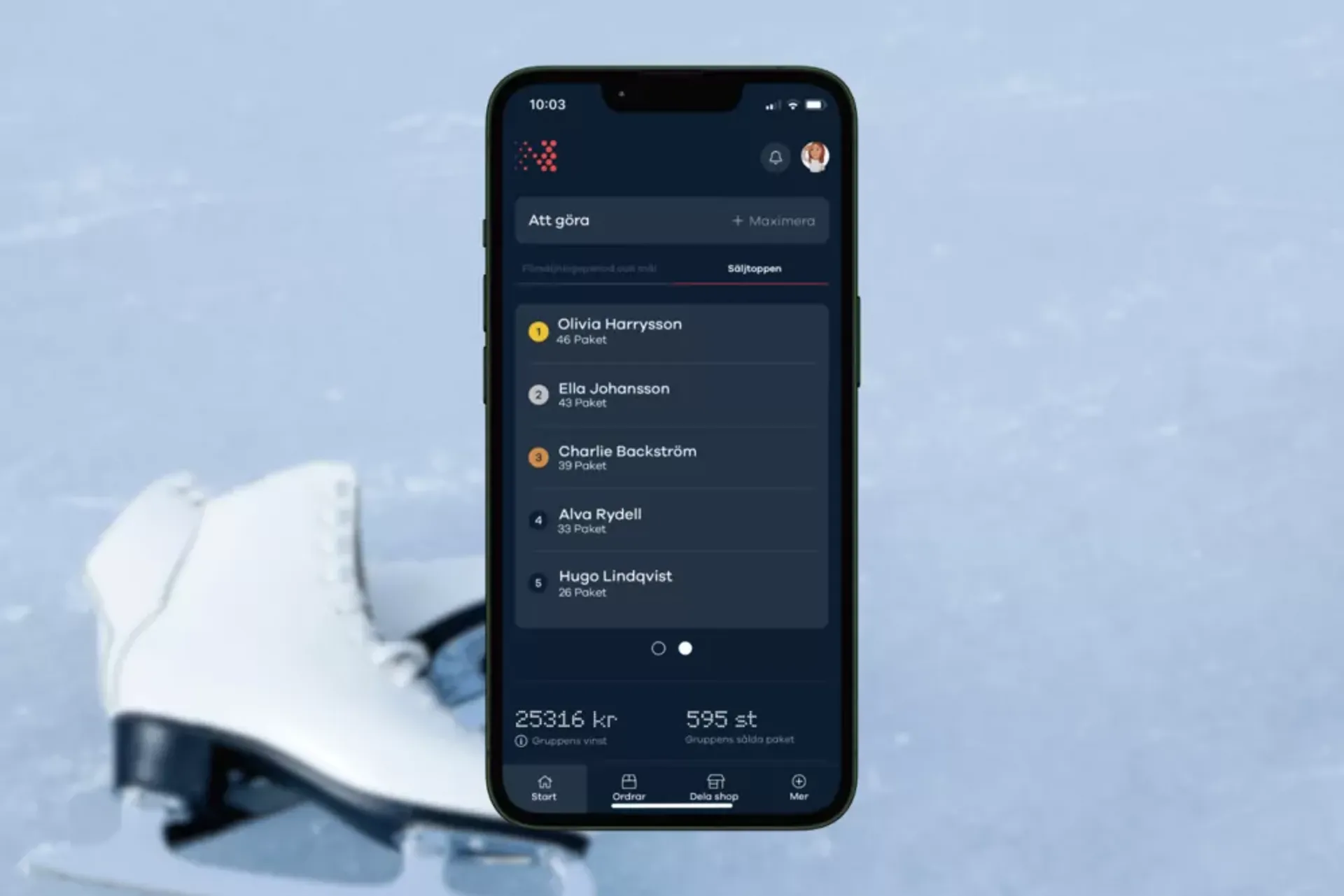 En smartphone visar en säljtopplista med namn och antal sålda paket, mot en bakgrund av ett par vita konståkningsskridskor på is.
