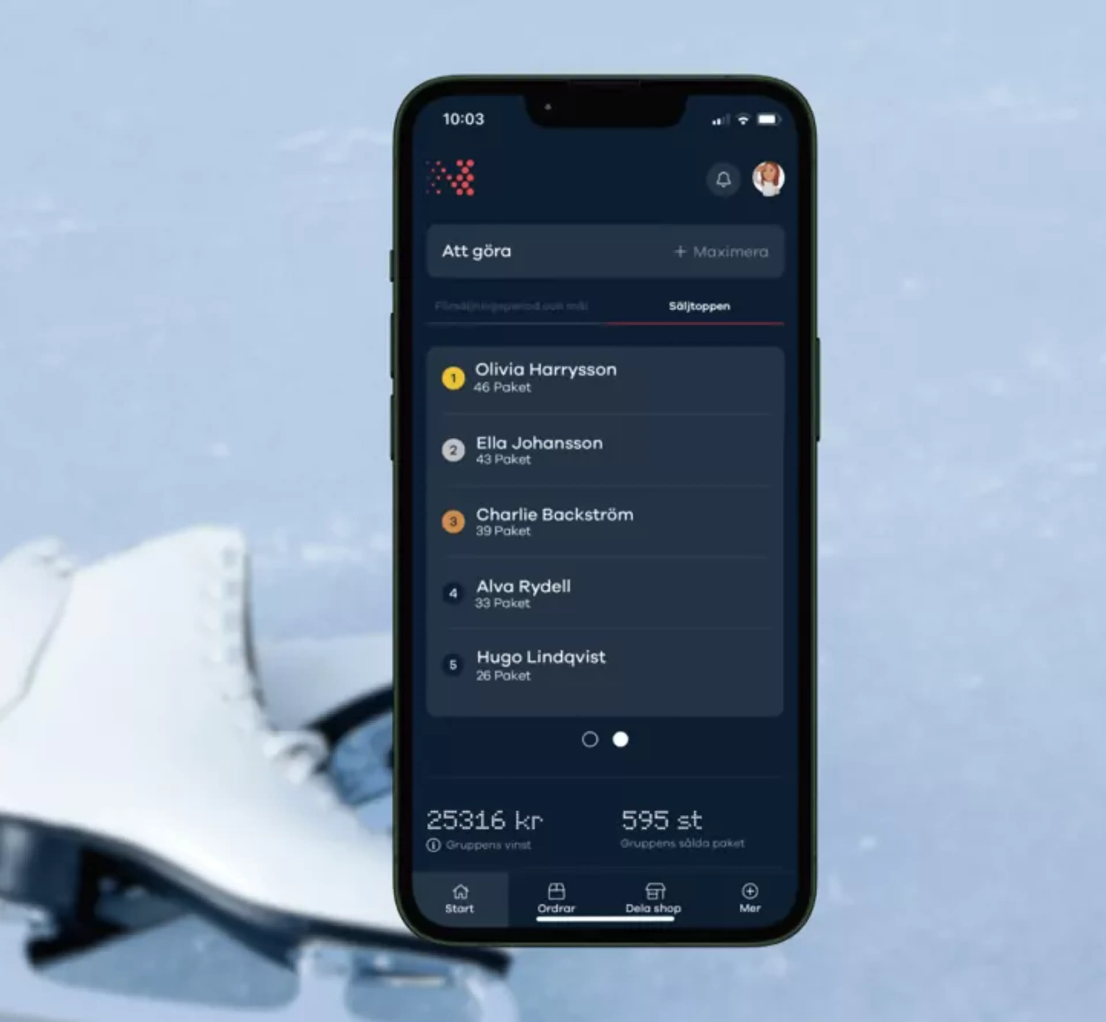 En smartphone visar en säljtopplista med namn och antal sålda paket, mot en bakgrund av ett par vita konståkningsskridskor på is.