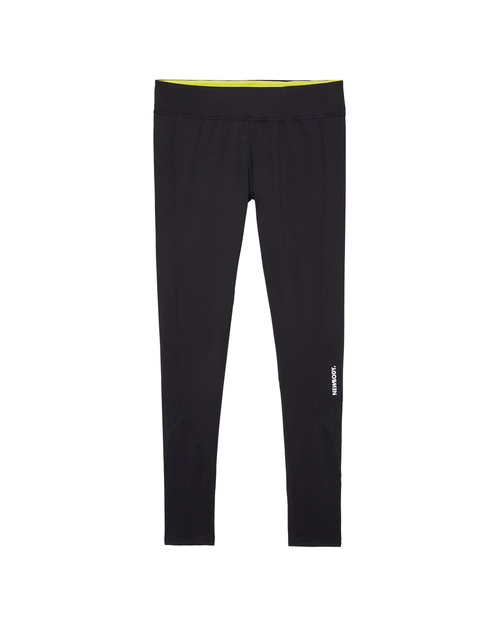 Svarta sportiga tights med hög midja och en smal passform. Ena benet har en diskret vit textdetalj.