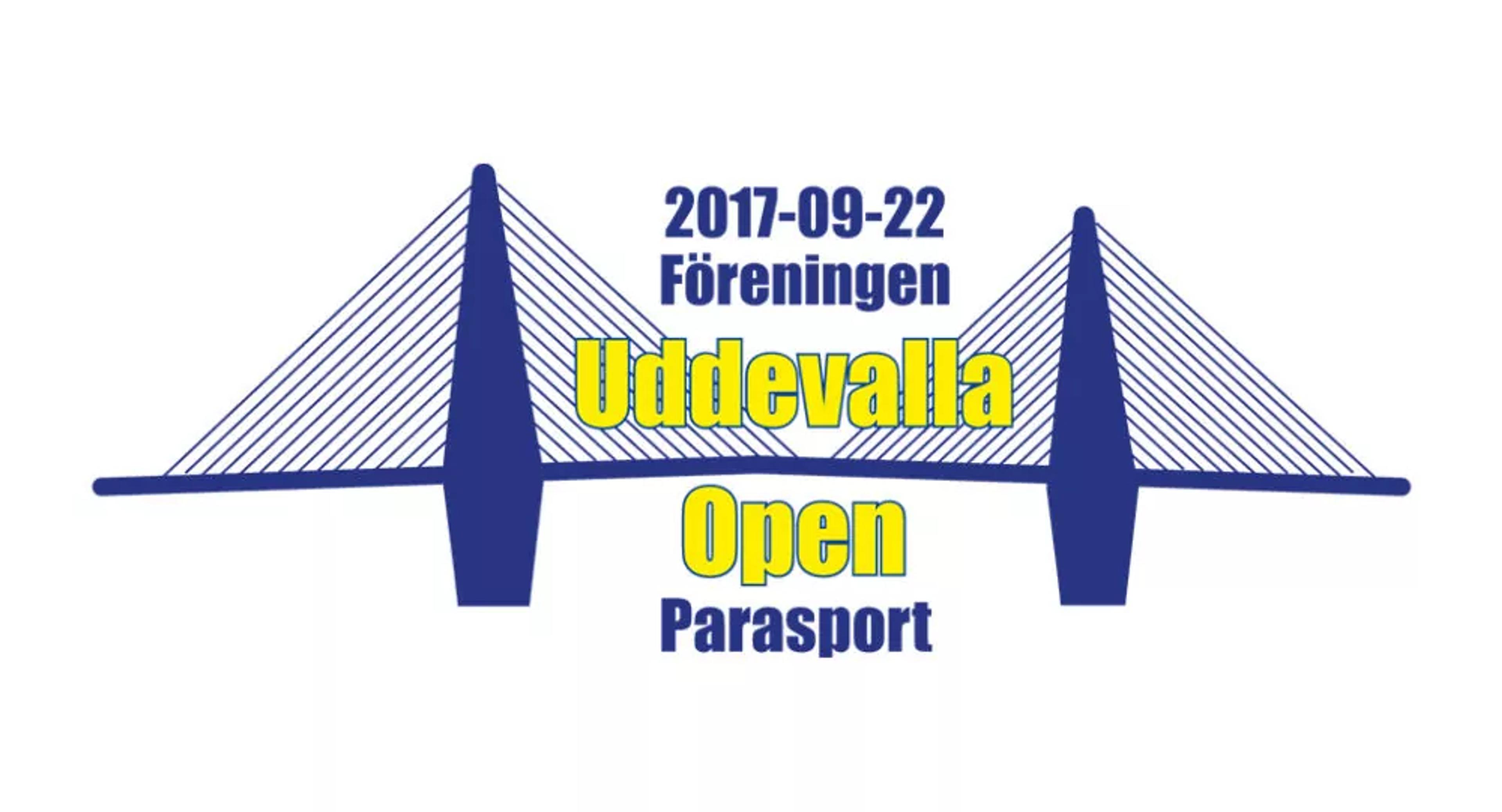 En stiliserad blå hängbro med texten "2017-09-22 Föreningen Uddevalla Open Parasport" i blått och gult placerad över och under bron.