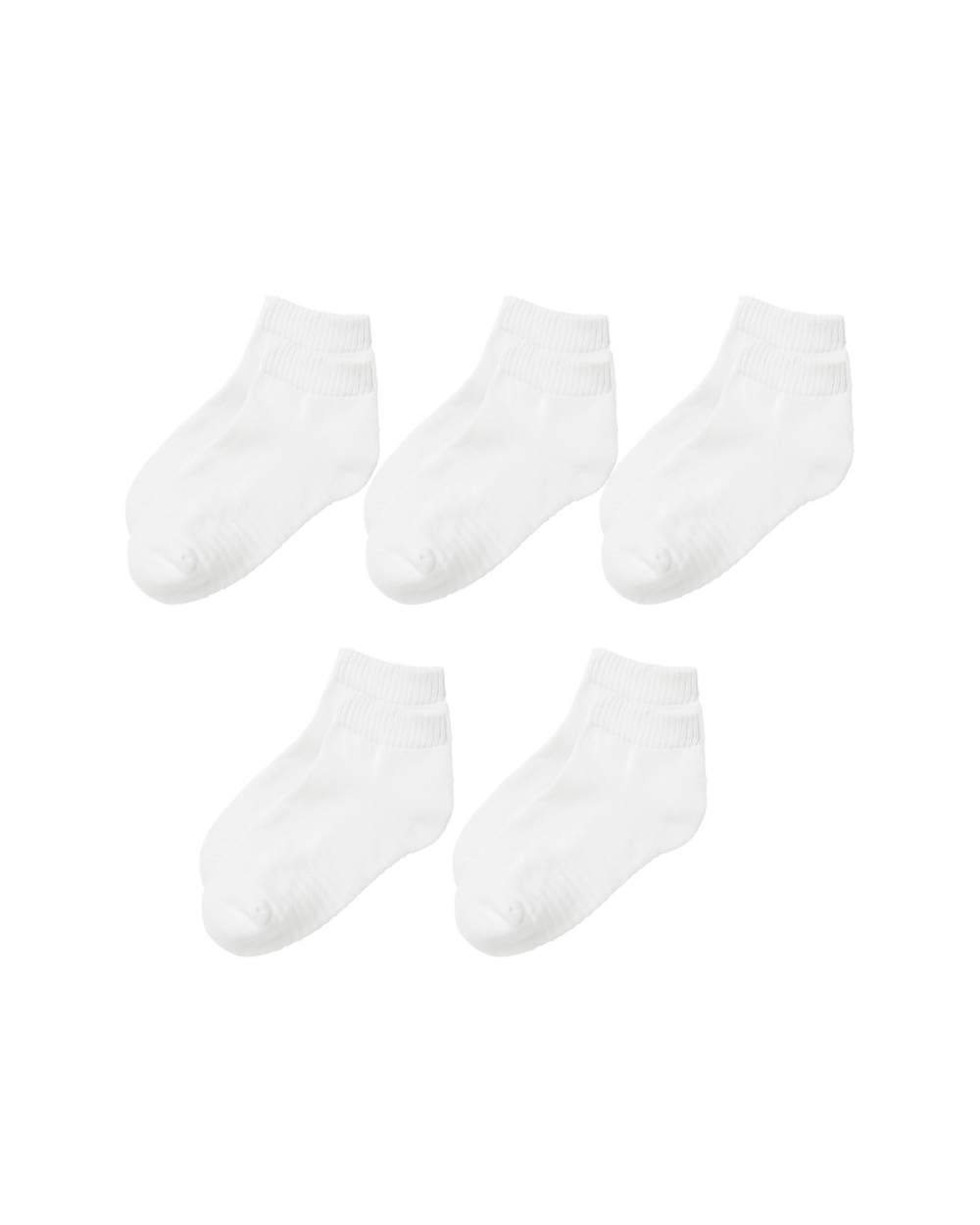 Fem vita sportiga ankelstrumpor med ribbad kant, i en mjuk och enkel design. Perfekta för vardagsbruk och aktivitet.