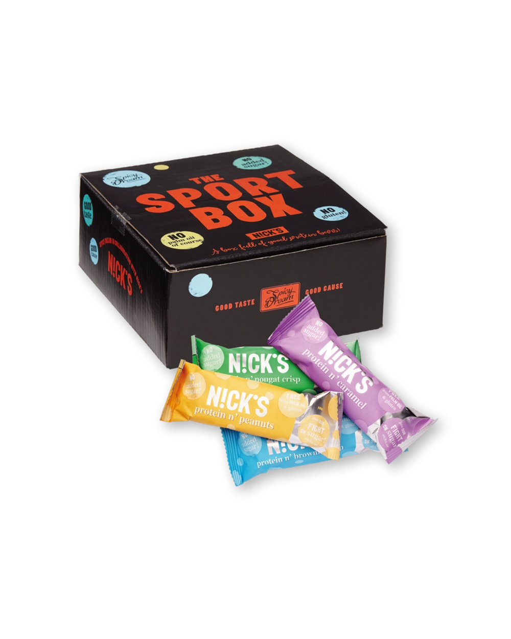 En svart kartong med texten "The Sport Box" innehåller fyra färgglada proteinbars i gult, grönt, blått och lila, märkta med olika smaker och information om att de är utan tillsatt socker.
