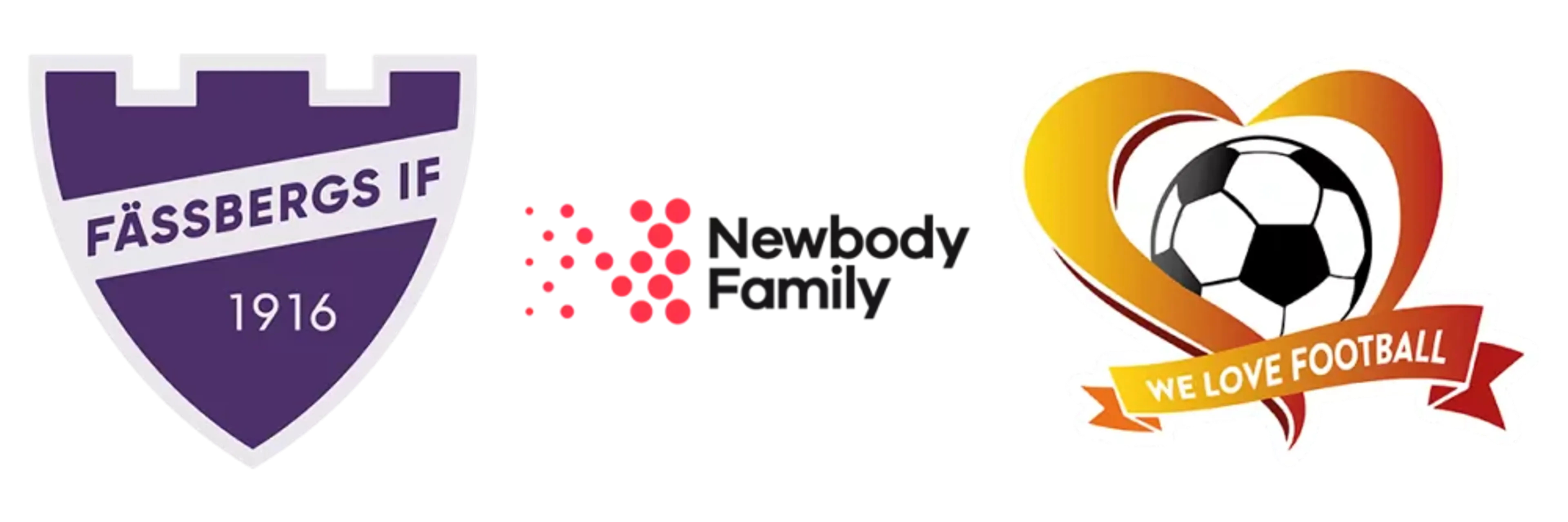 Tre logotyper bredvid varandra: Fässbergs IF med årtalet 1916, Newbody Family och en hjärtformad symbol med en fotboll och texten "We Love Football".
