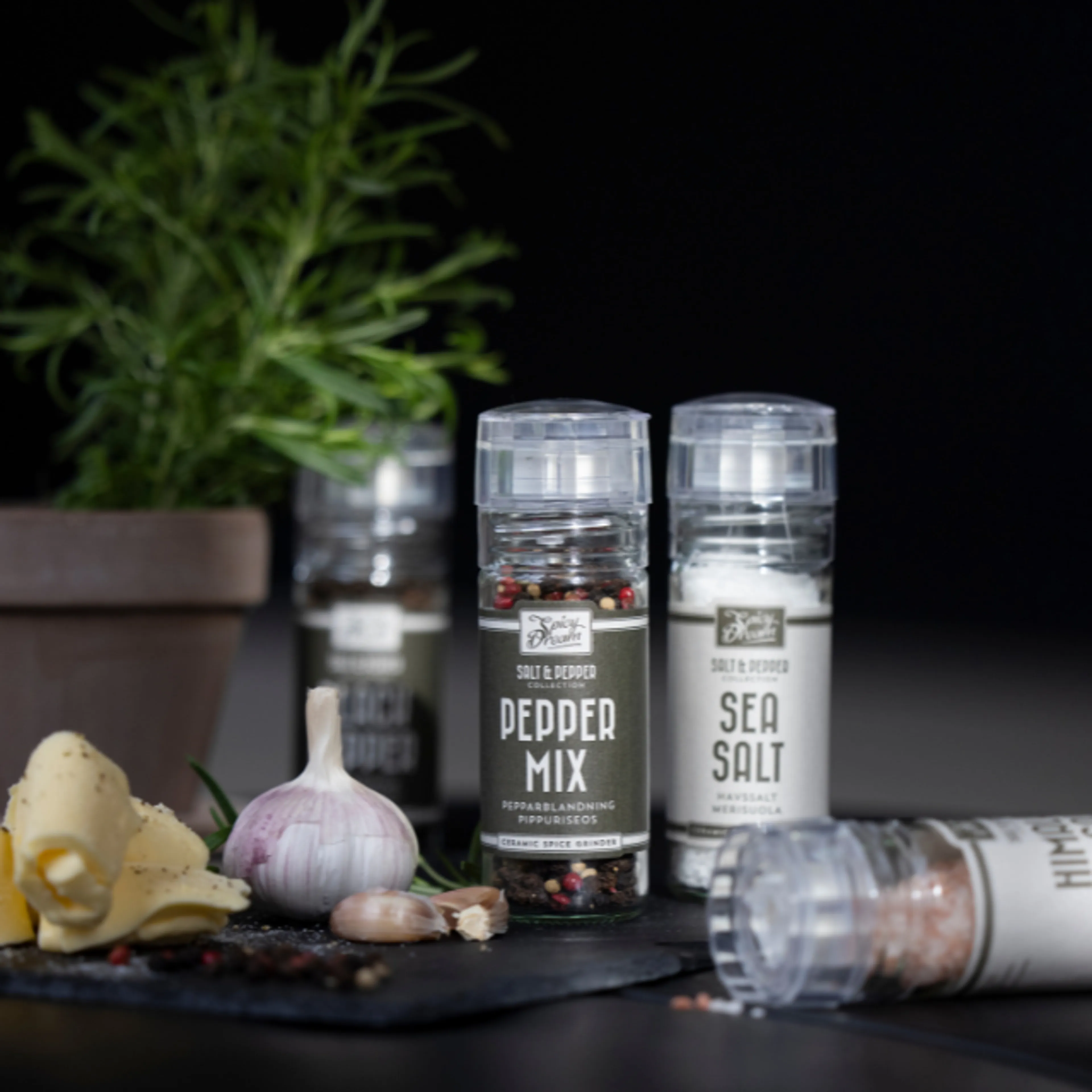 Fyra kryddkvarnar med olika kryddor såsom pepparmix, havssalt och Himalayasalt, omgivna av vitlök och kryddörter på svart underlag. En grön krukväxt syns i bakgrunden.