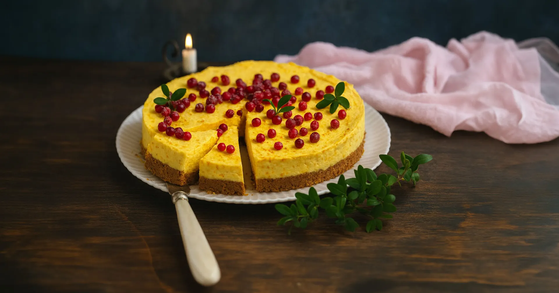 En rund cheesecake med gul fyllning och krispig chokladbotten, garnerad med röda bär och några gröna blad. En bit är redan försiktigt utdragen från kakan.