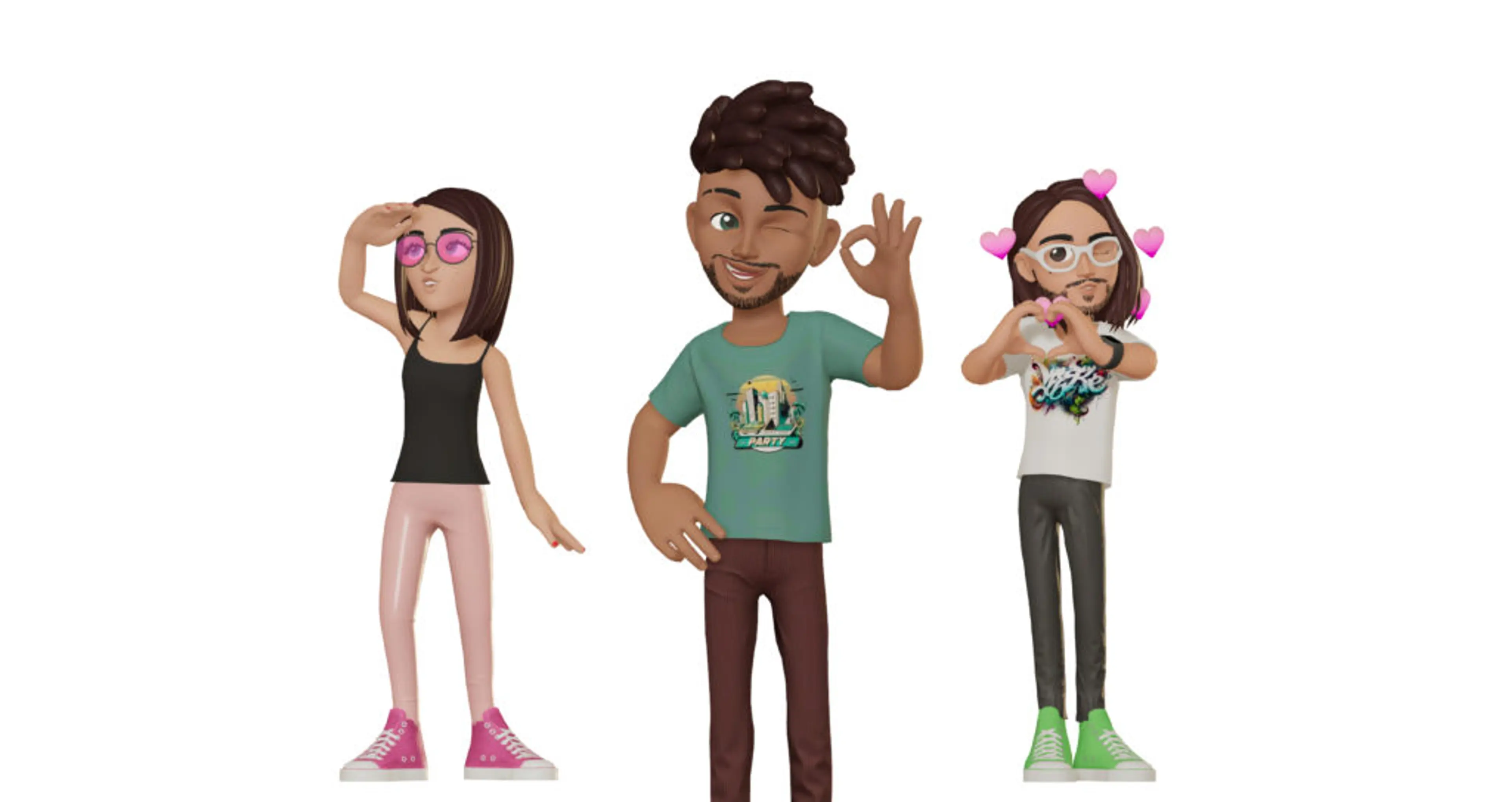 Tre tecknade figurer med moderna kläder och uttrycksfulla gester; en blick framåt, ett gillande tecken och ett hjärthandssymbol med rosa hjärtan runt.