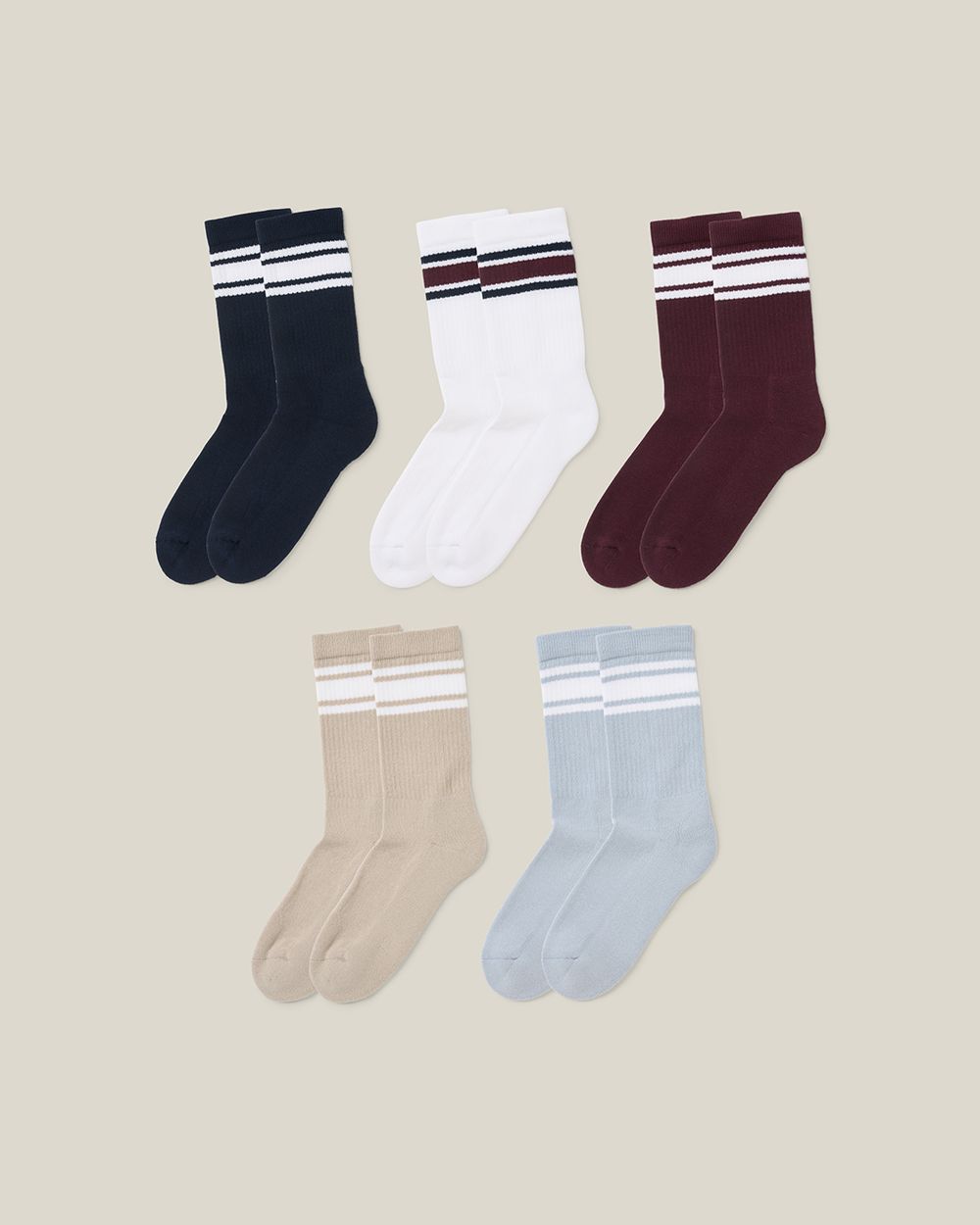 5-pack sportstrumpor i retrostil med dubbla ränder, i färgerna ljusblå, mörkblå, burgundy, beige och vit