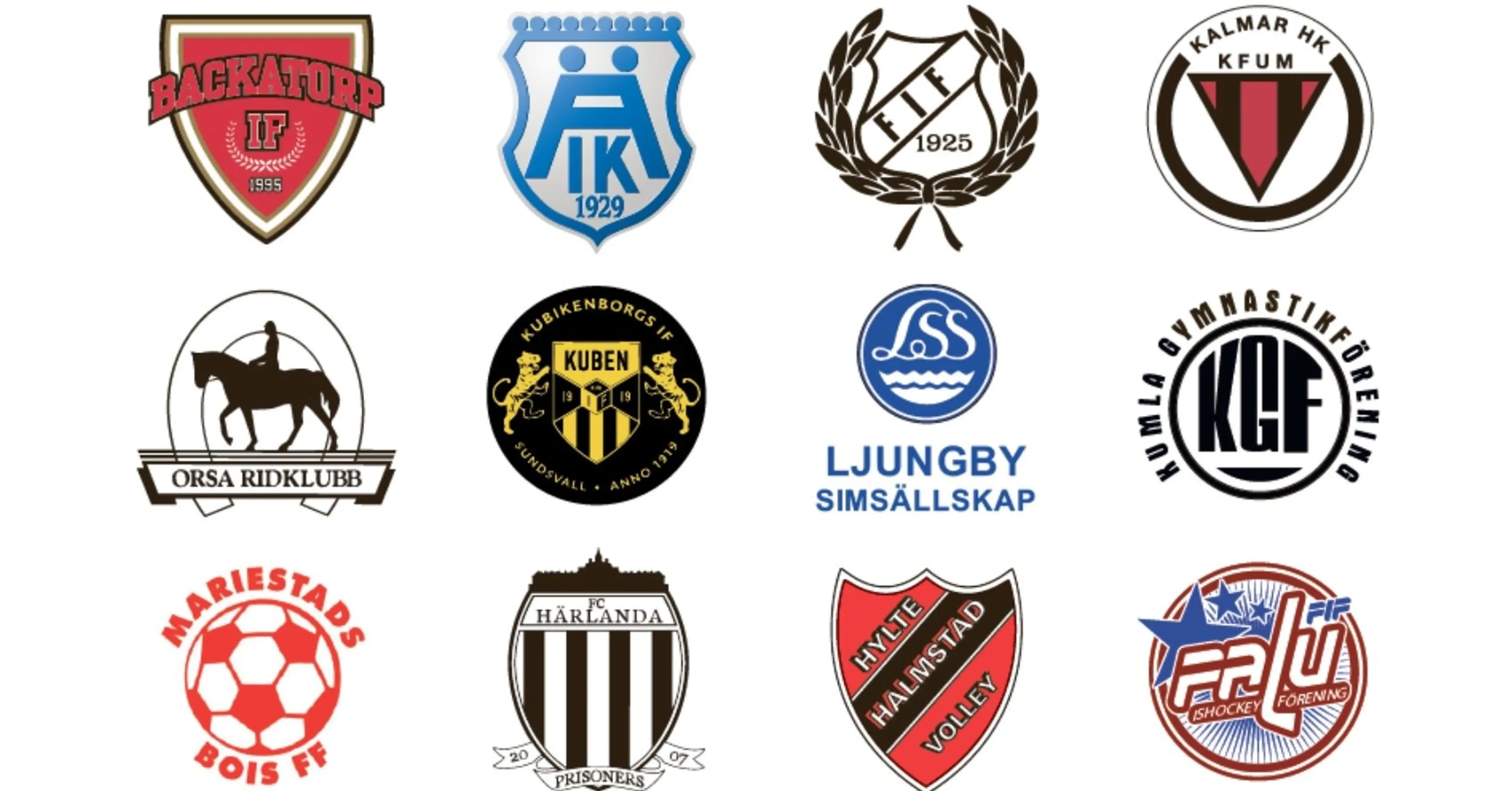 Tolv olika idrottsföreningars emblemlogotyper, var och en med unika färger och symboler som representerar respektive klubb.