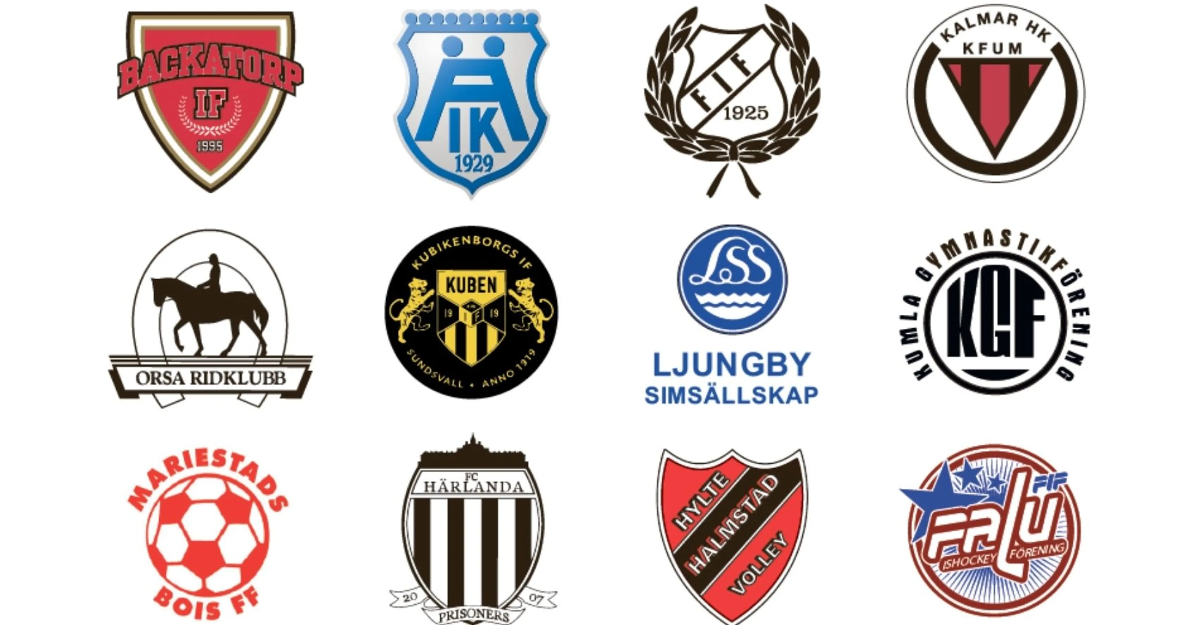 Tolv olika idrottsföreningars emblemlogotyper, var och en med unika färger och symboler som representerar respektive klubb.
