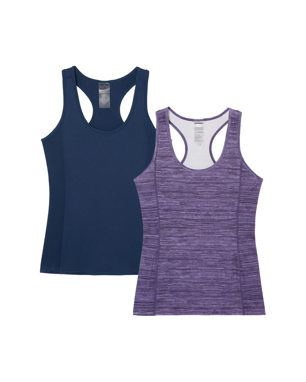 Två sportiga träningslinnen i blått och lila, den lila med melerad struktur och båda med racerback-design för rörelsefrihet.
