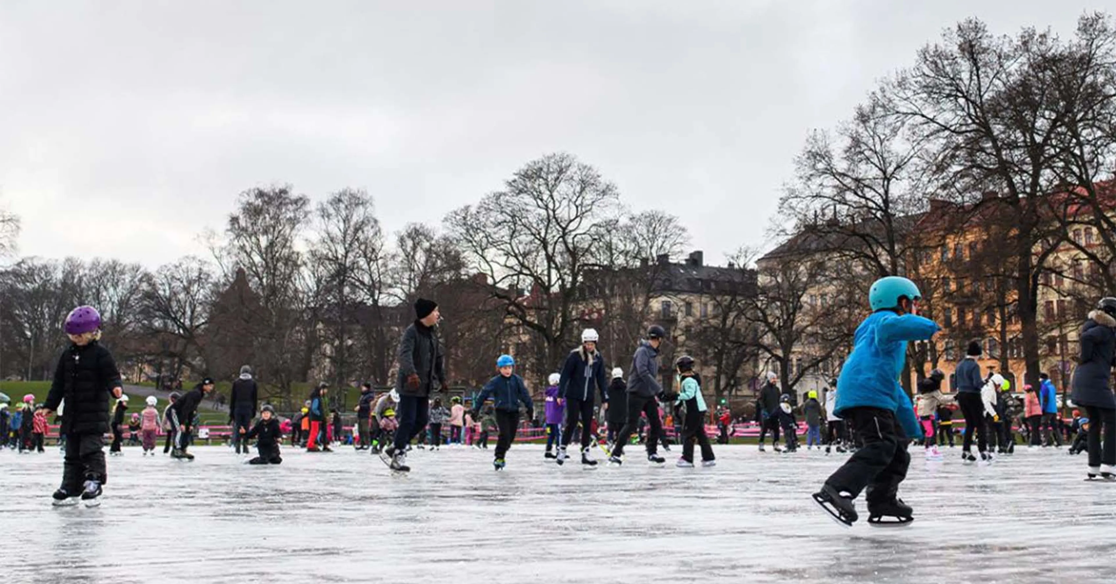 Många människor i olika åldrar åker skridskor tillsammans på en stor, isig yta i en park med träd och byggnader runtom. Vissa bär hjälm och vinterkläder för att hålla sig varma.