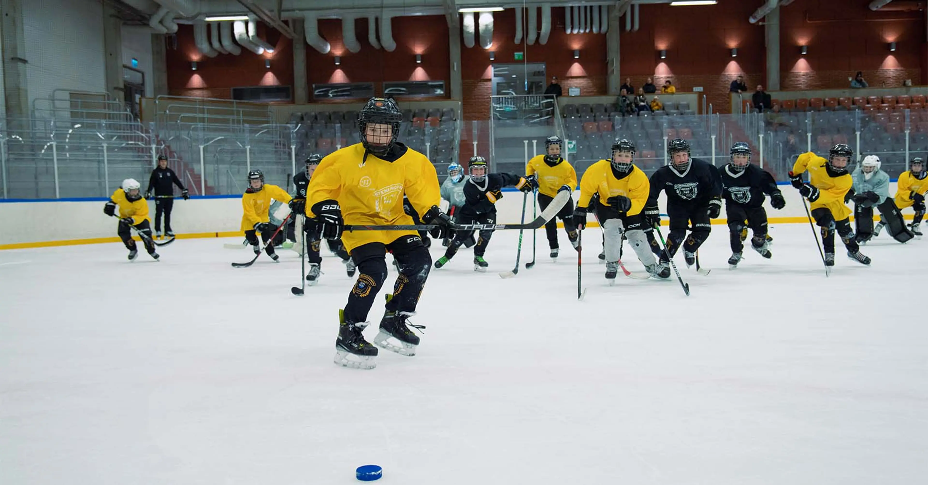 Ett ishockey lag på isen som spelar match, ett gult lag mot ett svart lag